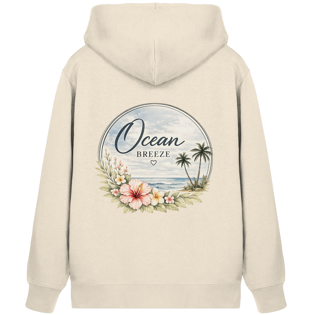 Originalmockup: Ocean Breeze – Bio-Zipper mit Rückendruck in Natural Raw mit floralem Rückendruck, Rückansicht.