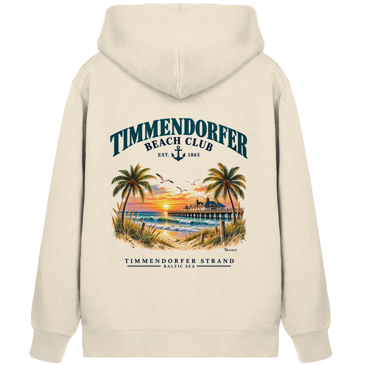 Originalmockup: Unisex Bio-Zipper-Kapuzenjacke in Natural Raw mit Timmendorfer-Beach-Club-Rückendruck, Rückansicht.