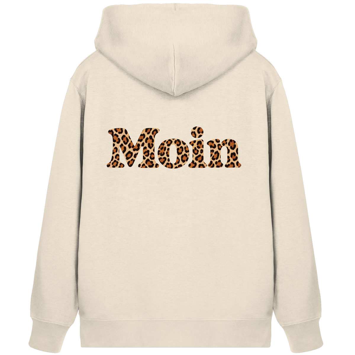 Original-Shirtigo-Mockup: Rückseite der Bio Zipperjacke in Natural Raw mit „Moin“ im Karamell-Leoprint als Backprint