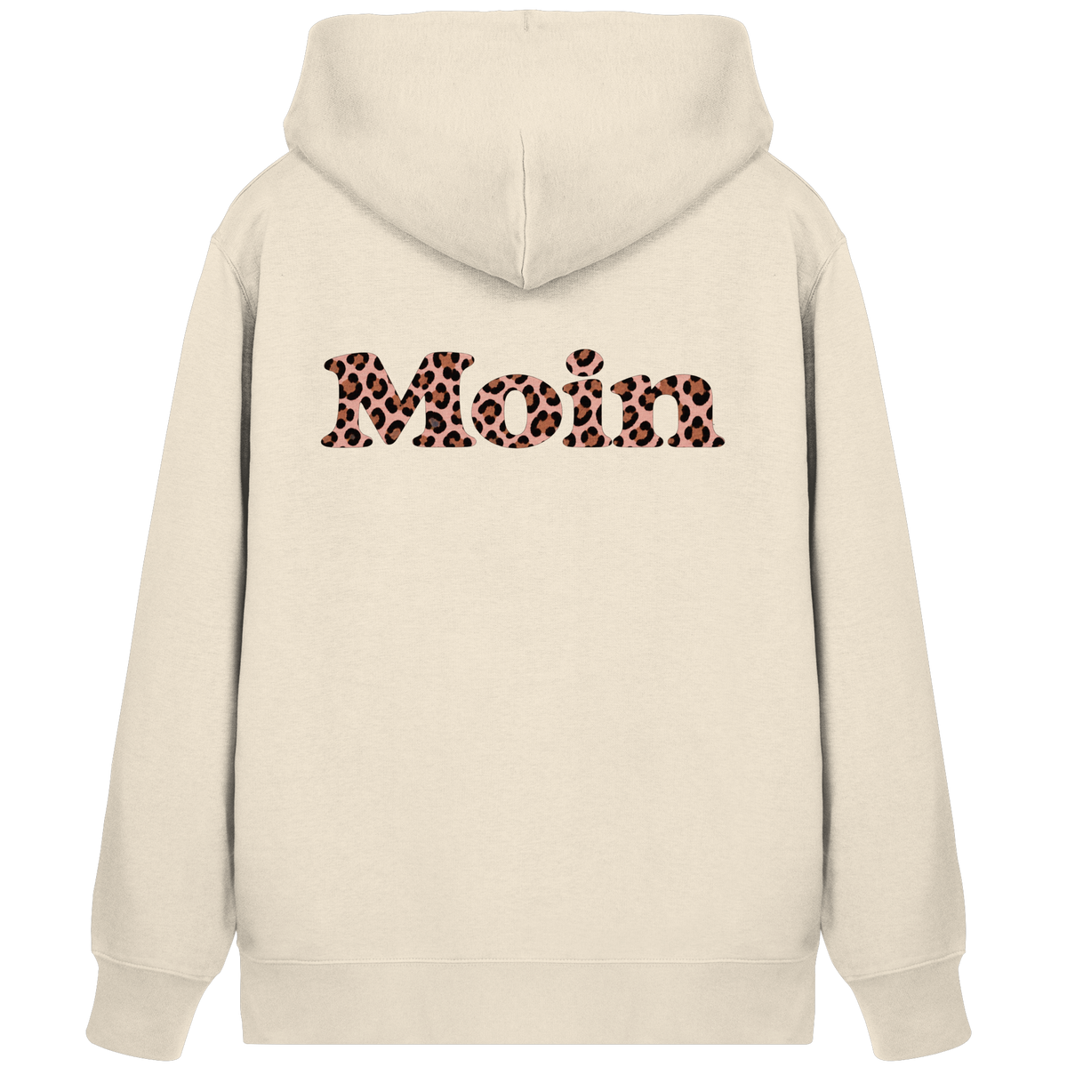 Bio-Zipper-Kapuzenjacke Natural Raw, Rückenansicht mit Moin-Leo-Blush-Pink-Backprint.