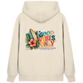 Timmendorfer Strand – Surf Vibes – Bio-Zipper in Natural Raw – Shirtigo-Katalog-Rückenansicht mit Surfboard- und Hibiskusmotiv.