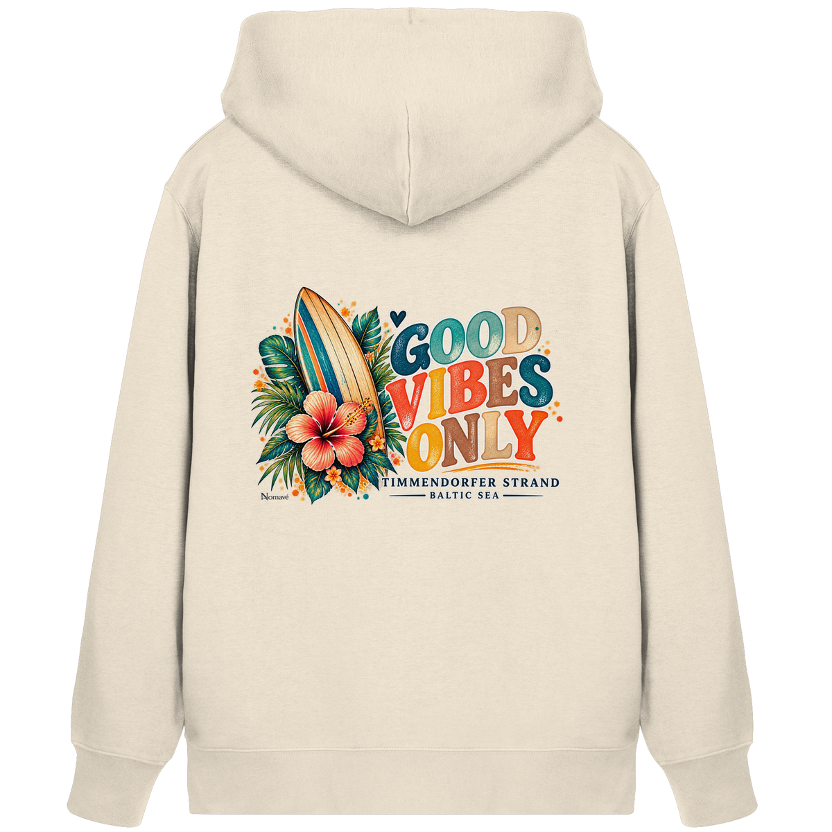 Timmendorfer Strand – Surf Vibes – Bio-Zipper in Natural Raw – Shirtigo-Katalog-Rückenansicht mit Surfboard- und Hibiskusmotiv.