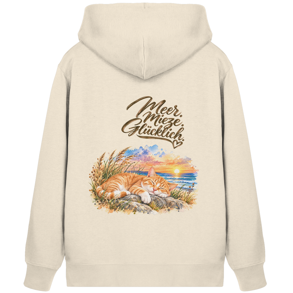 Unisex Bio-Kapuzenjacke in Natural Raw mit „Meer. Mieze. Glücklich.“ als Backprint – Original-Mockup