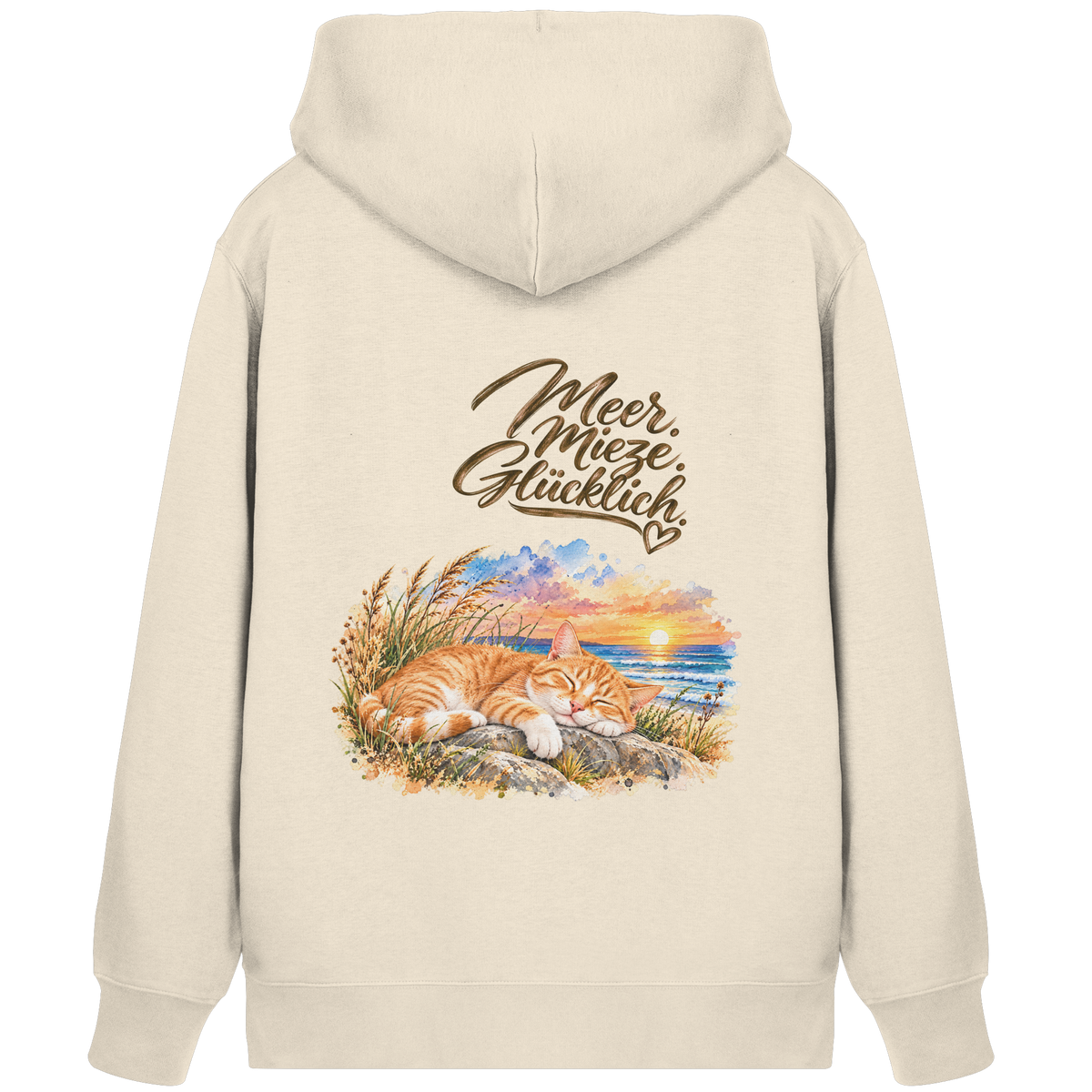 Unisex Bio-Kapuzenjacke in Natural Raw mit „Meer. Mieze. Glücklich.“ als Backprint – Original-Mockup