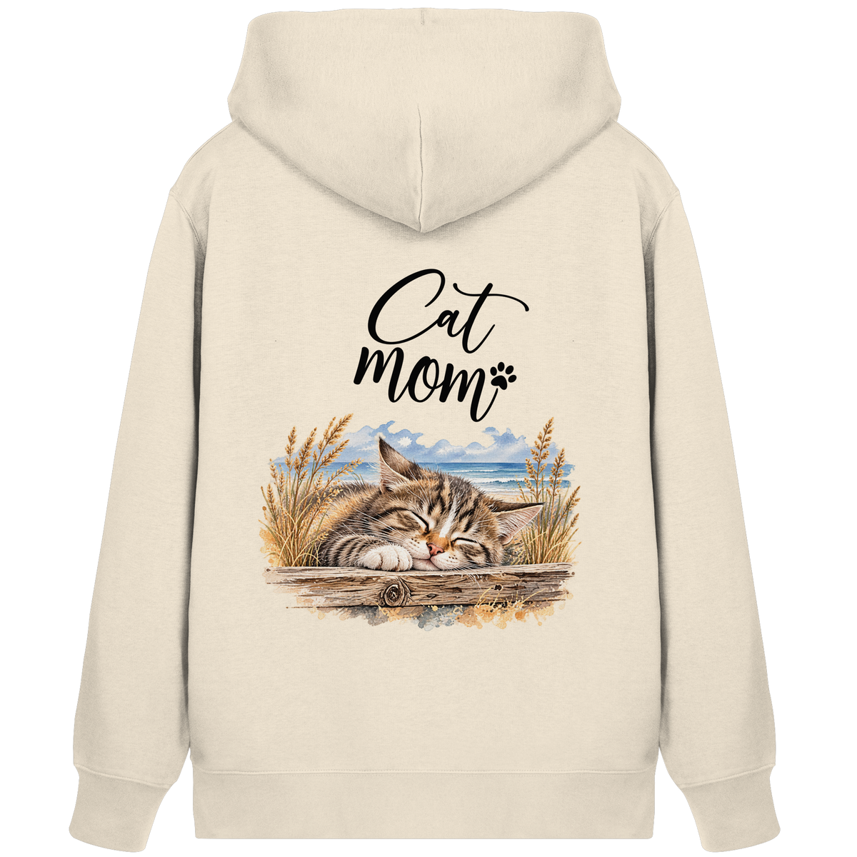 Bio-Zipper Cat Mom in Natural Raw – Rückenansicht mit Katzen- und Küstenmotiv als Backprint.