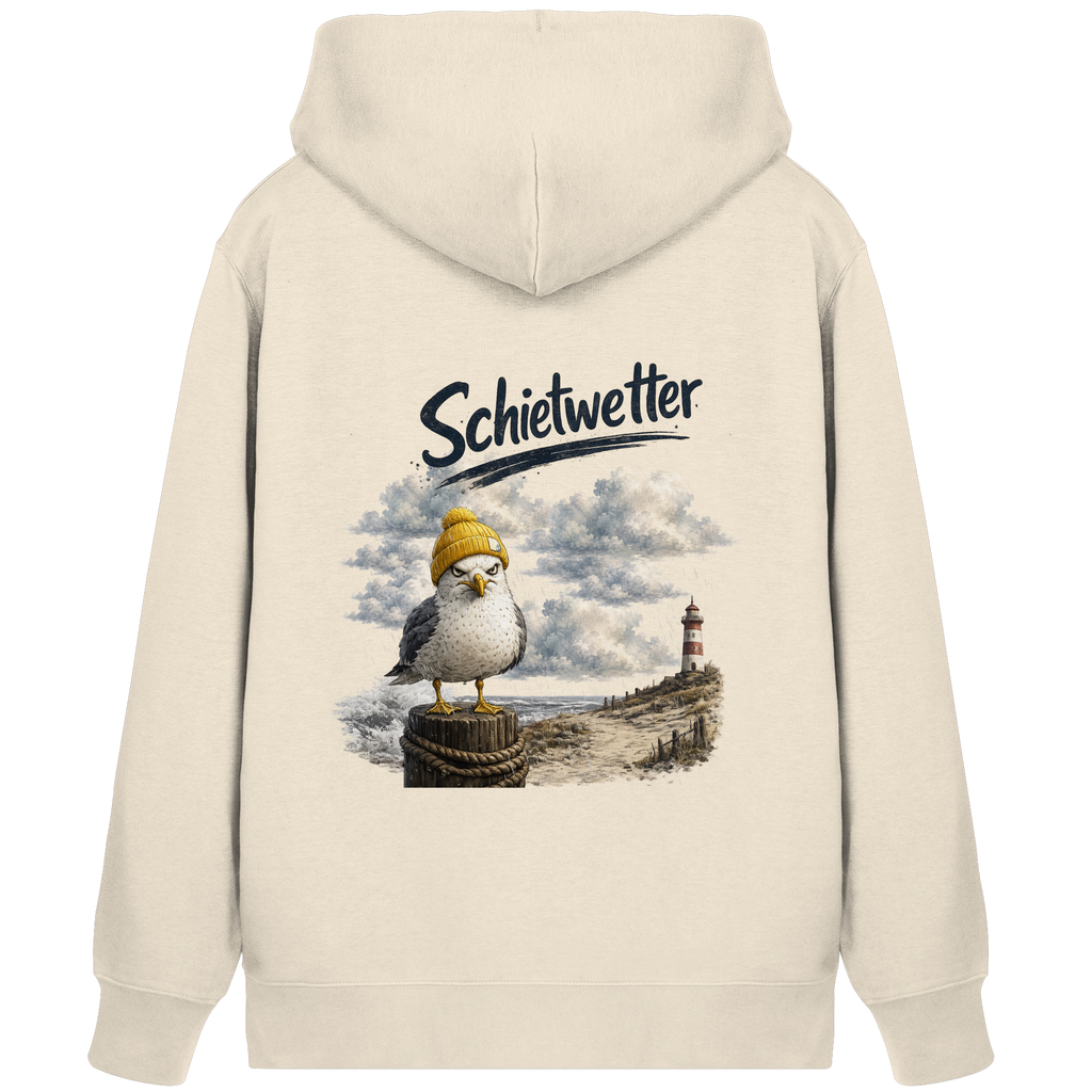 Möwe - Schietwetter - Ostsee - Leuchtturm - Maritimes Küsten Motiv - Für Ostsee und Nordsee - Fans - Bio Kapuzenjacke