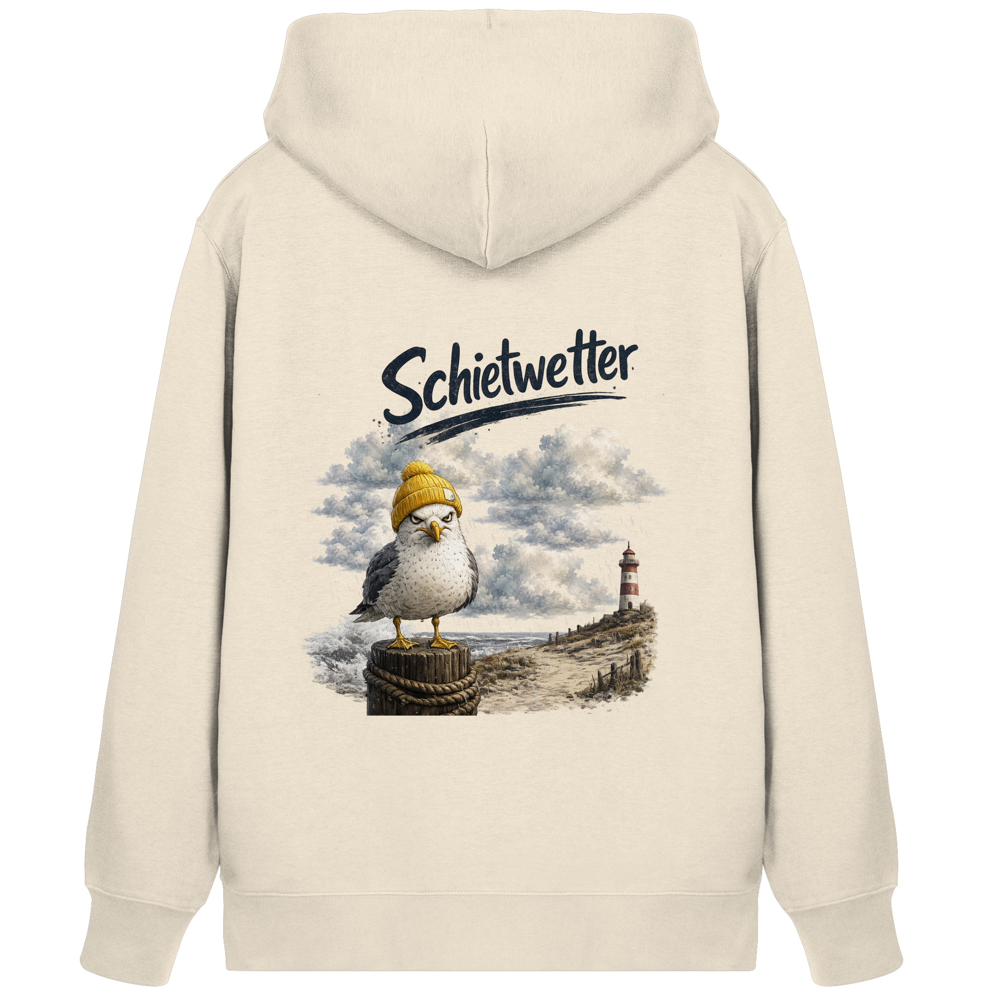 Möwe - Schietwetter - Ostsee - Leuchtturm - Maritimes Küsten Motiv - Für Ostsee und Nordsee - Fans - Bio Kapuzenjacke