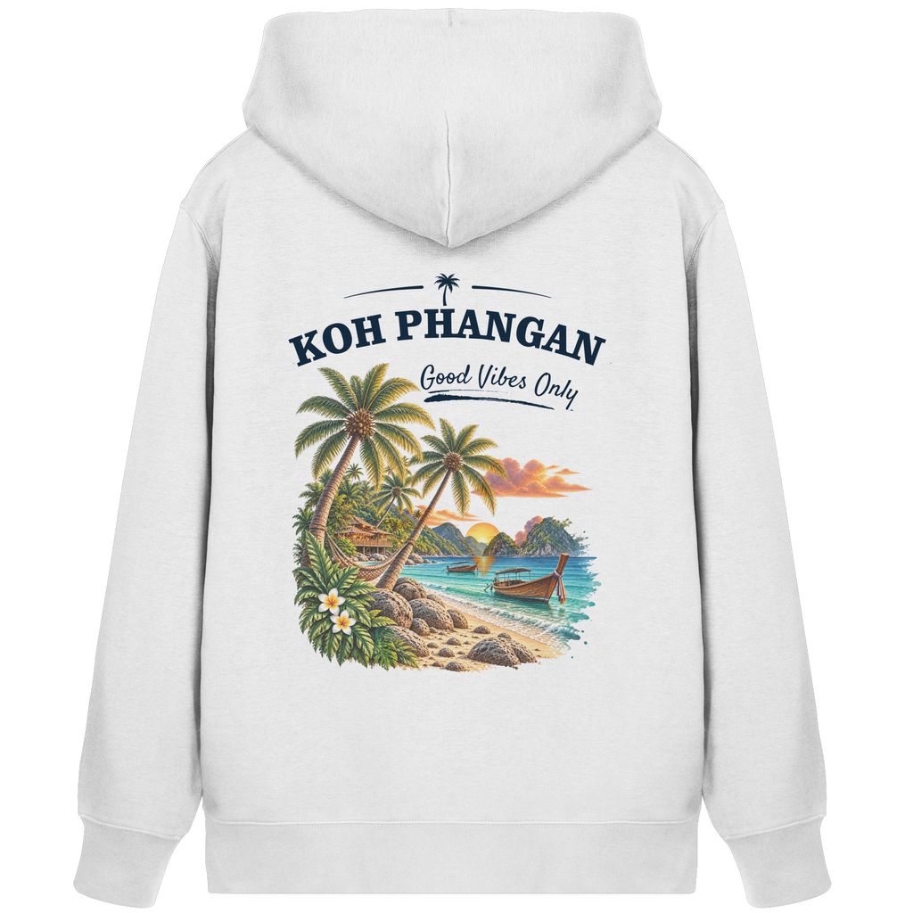 Koh Phangan Good Vibes Only – Bio Zipper – Backprint – Original-Mockup organic zipper white mit Rückenmotiv