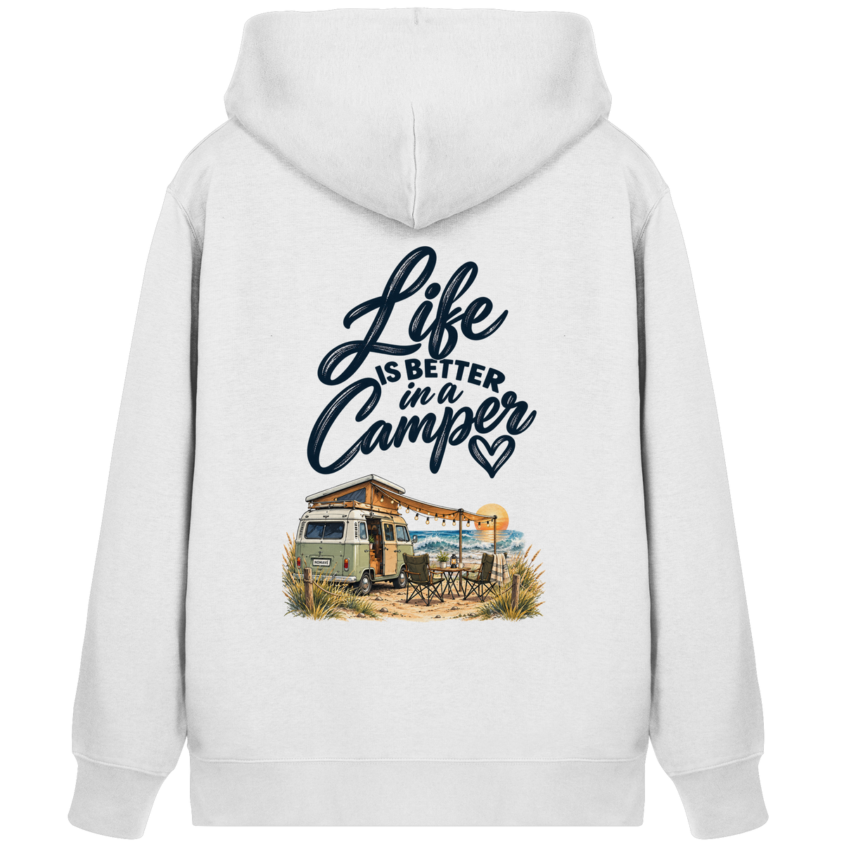 Bio Zipper Kapuzenjacke mit „Life is better in a Camper“-Motiv – Rückansicht in White für Vanlife- und Campingfans