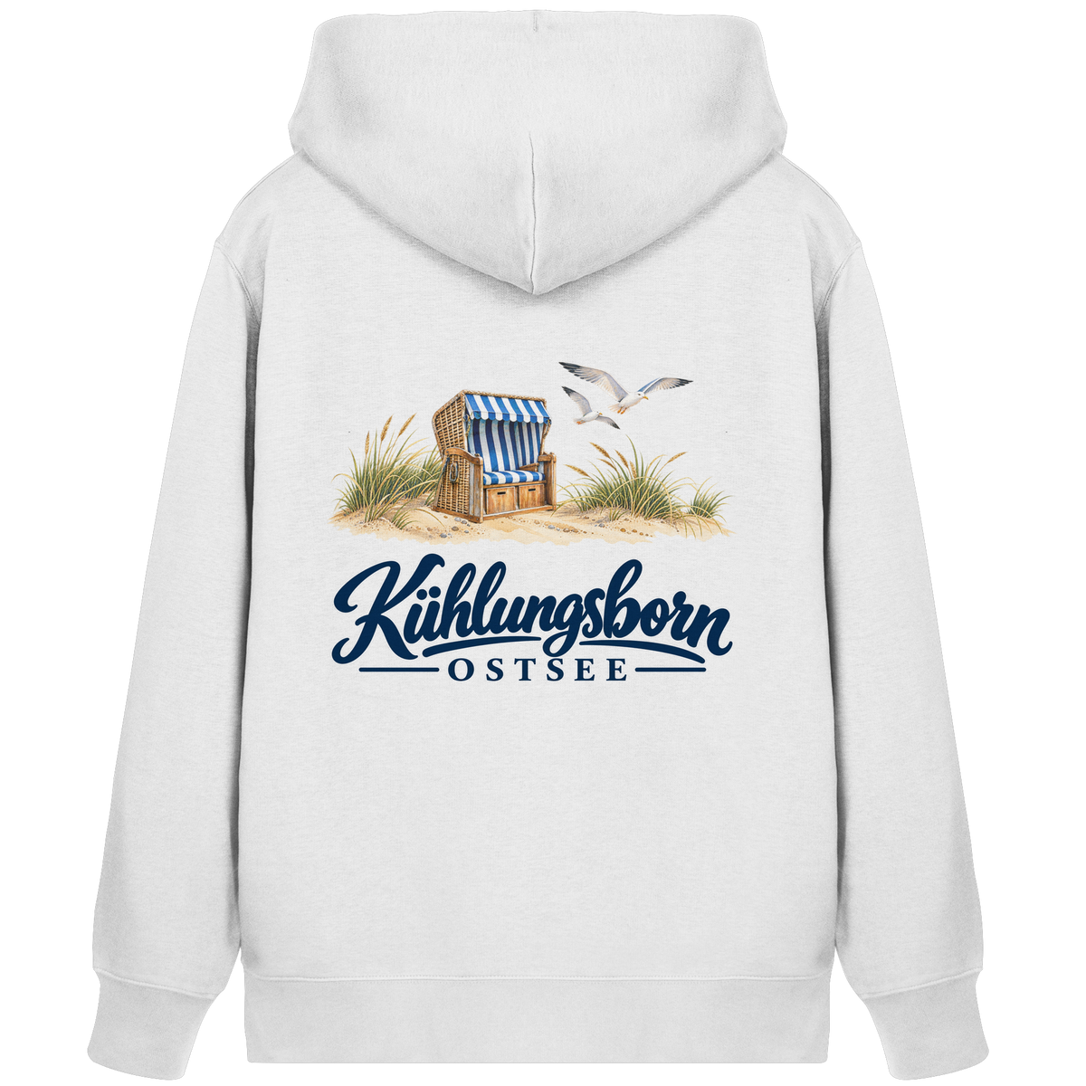 Bio-Unisex-Zipper mit Rückendruck Kühlungsborn – Strandkorb & Ostsee, White, Shirtigo-Originalmockup der Rückseite mit Rückendruck.