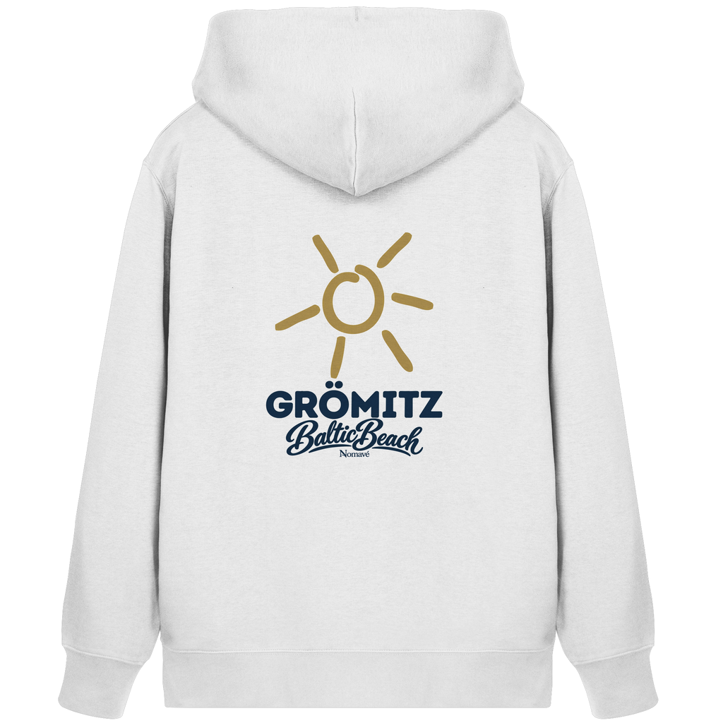 Zipper-Kapuzenjacke Grömitz Sonne Baltic Beach in White – Rückendruck mit goldener Sonne, Shirtigo-Originalmockup 1