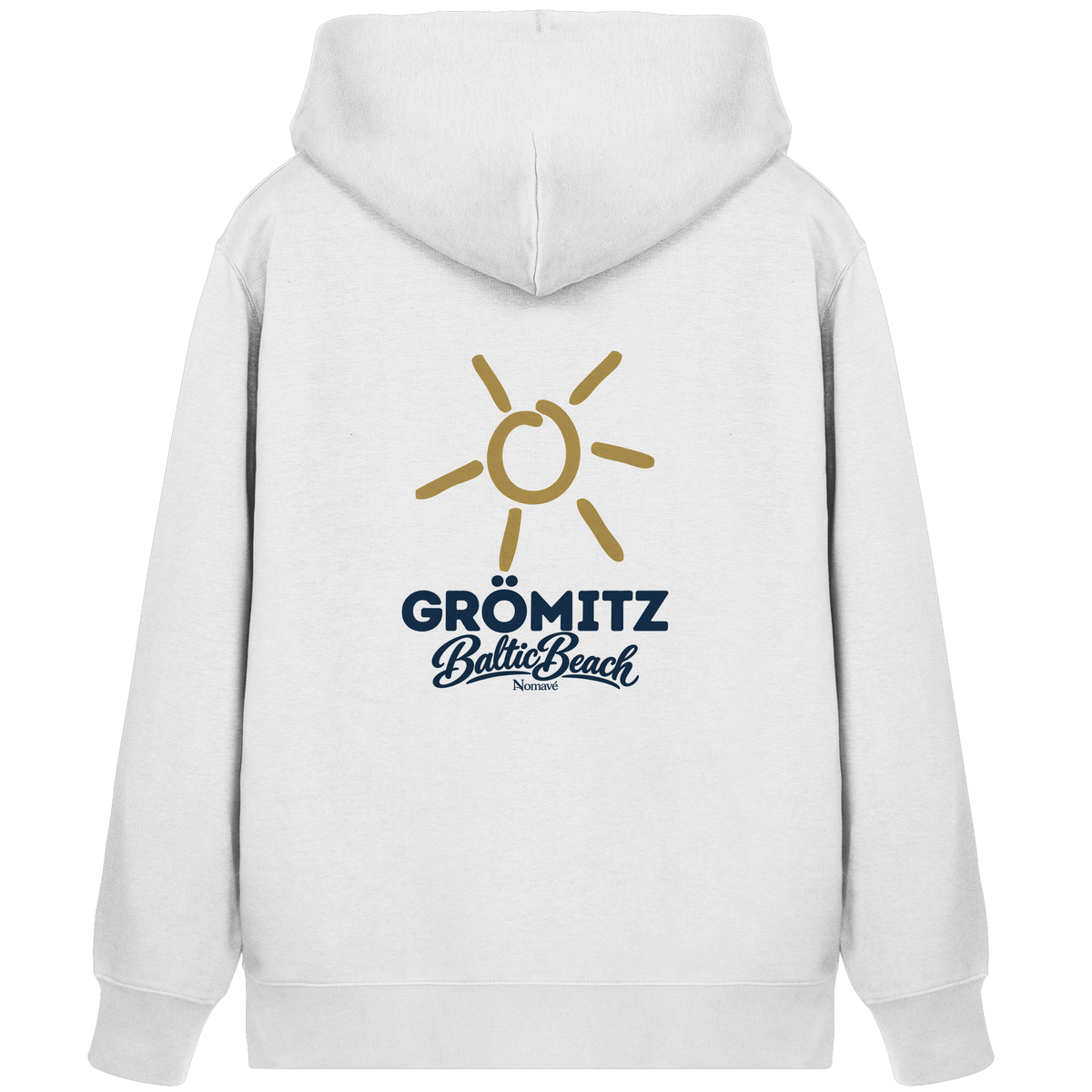 Zipper-Kapuzenjacke Grömitz Sonne Baltic Beach in White – Rückendruck mit goldener Sonne, Shirtigo-Originalmockup 1