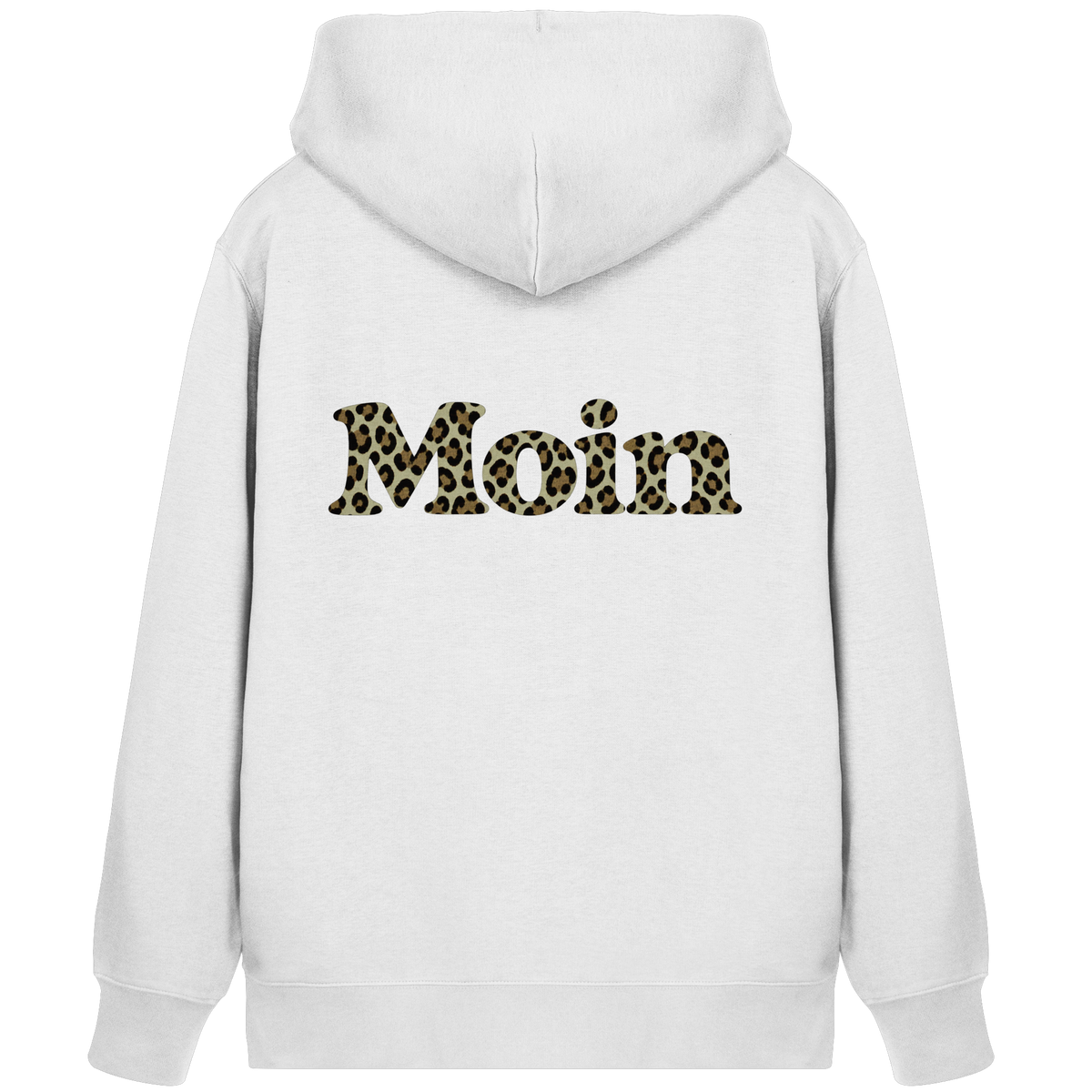 Weiße Bio-Zipper-Kapuzenjacke von hinten mit Moin-Leo-Sage-Green-Motiv.