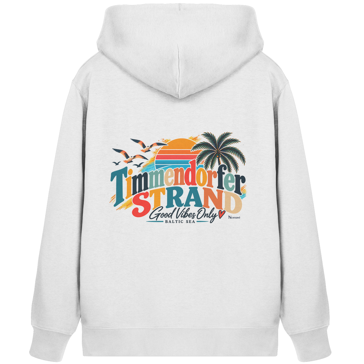Unisex-Zipper-Kapuzenjacke in Weiß – Originalmockup der Rückseite mit Timmendorfer-Strand-Good-Vibes-Only-Rückenprint.