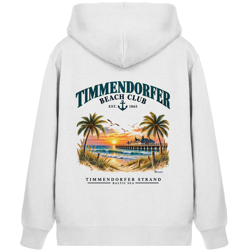 Originalmockup: Unisex Bio-Zipper-Kapuzenjacke in White mit Timmendorfer-Beach-Club-Rückendruck, Rückansicht.