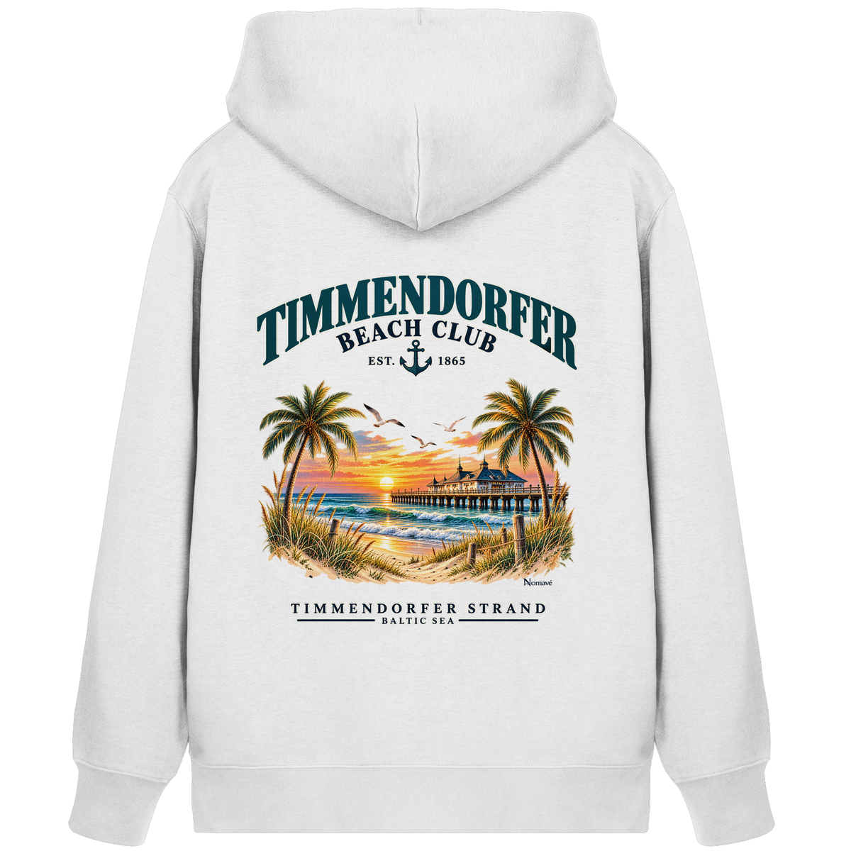 Originalmockup: Unisex Bio-Zipper-Kapuzenjacke in White mit Timmendorfer-Beach-Club-Rückendruck, Rückansicht.