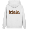 Original-Shirtigo-Mockup: Rückseite der Bio Zipperjacke in White mit „Moin“ im Karamell-Leoprint als Backprint
