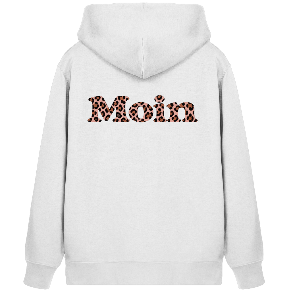 Bio-Zipper-Kapuzenjacke White, Rückenansicht mit Moin Leo Blush Pink.