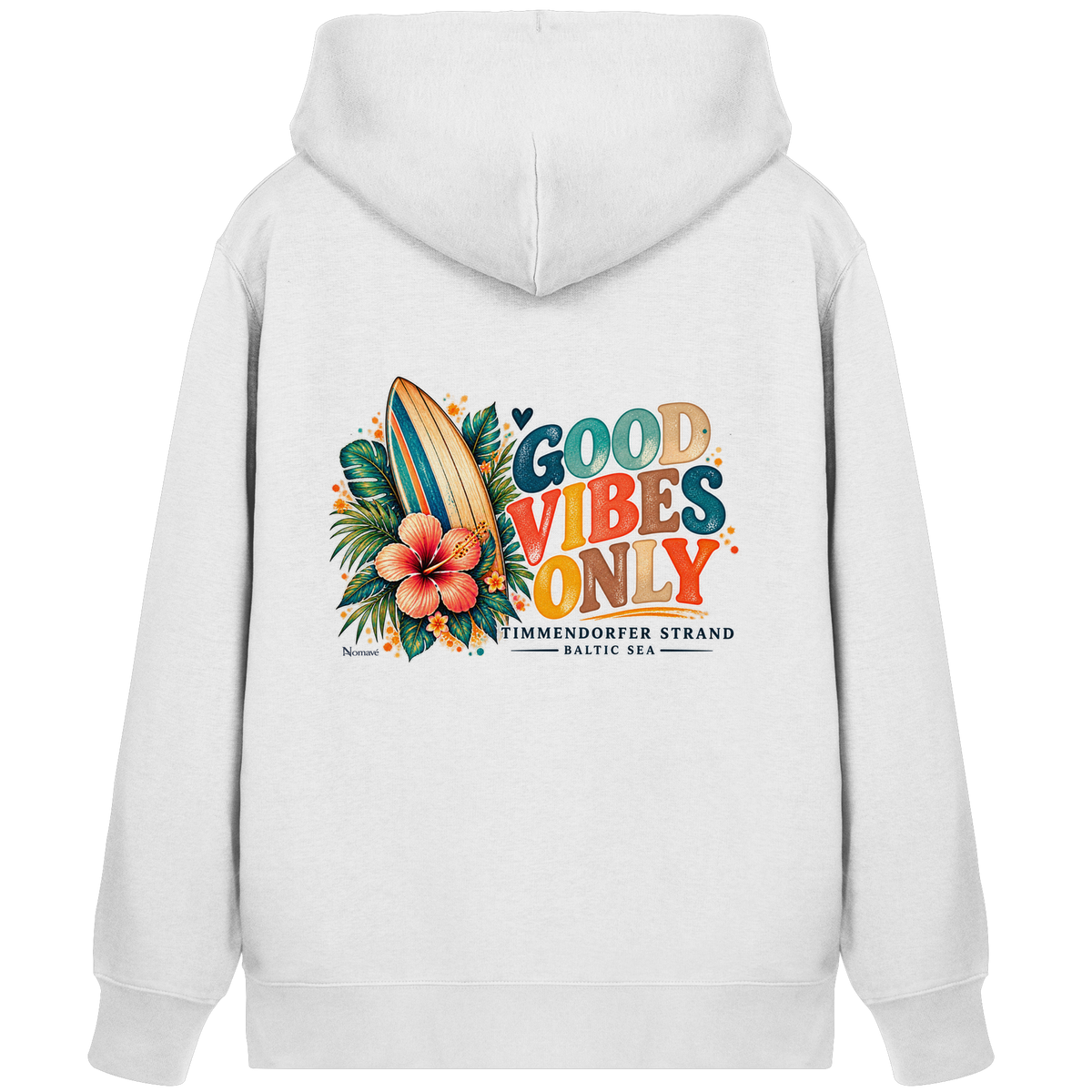 Timmendorfer Strand – Surf Vibes – Bio-Zipper in Weiß – Shirtigo-Katalog-Rückenansicht mit Surfboard- und Hibiskusmotiv.