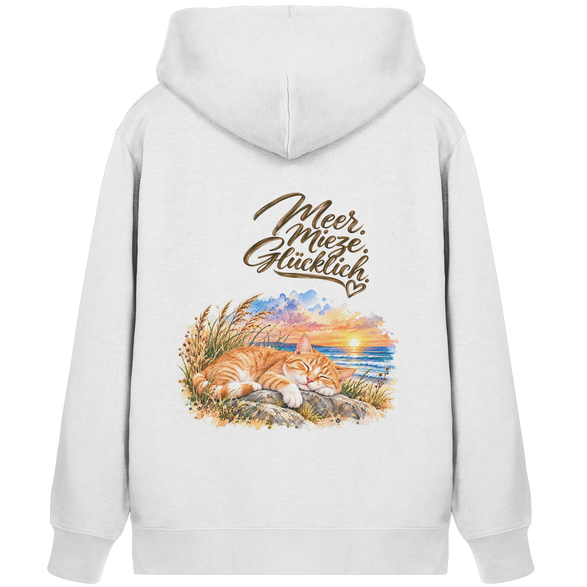 Unisex Bio-Kapuzenjacke in White mit „Meer. Mieze. Glücklich.“ als Backprint – Original-Mockup