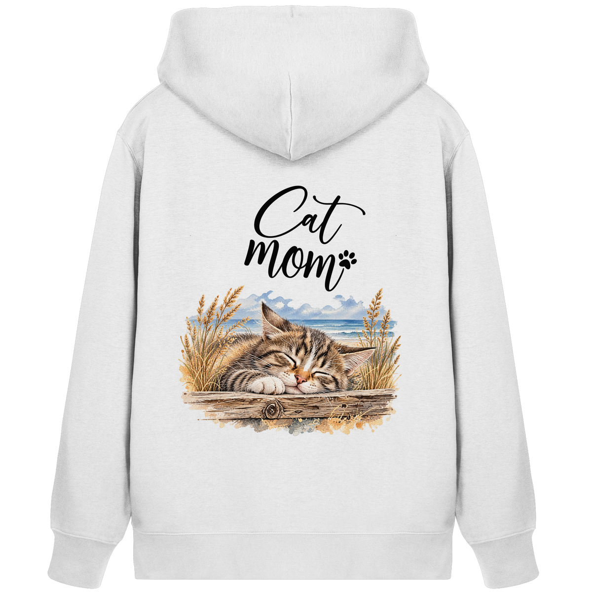 Bio-Zipper Cat Mom in Weiß – Rückenansicht mit Katzen- und Küstenmotiv als Backprint.