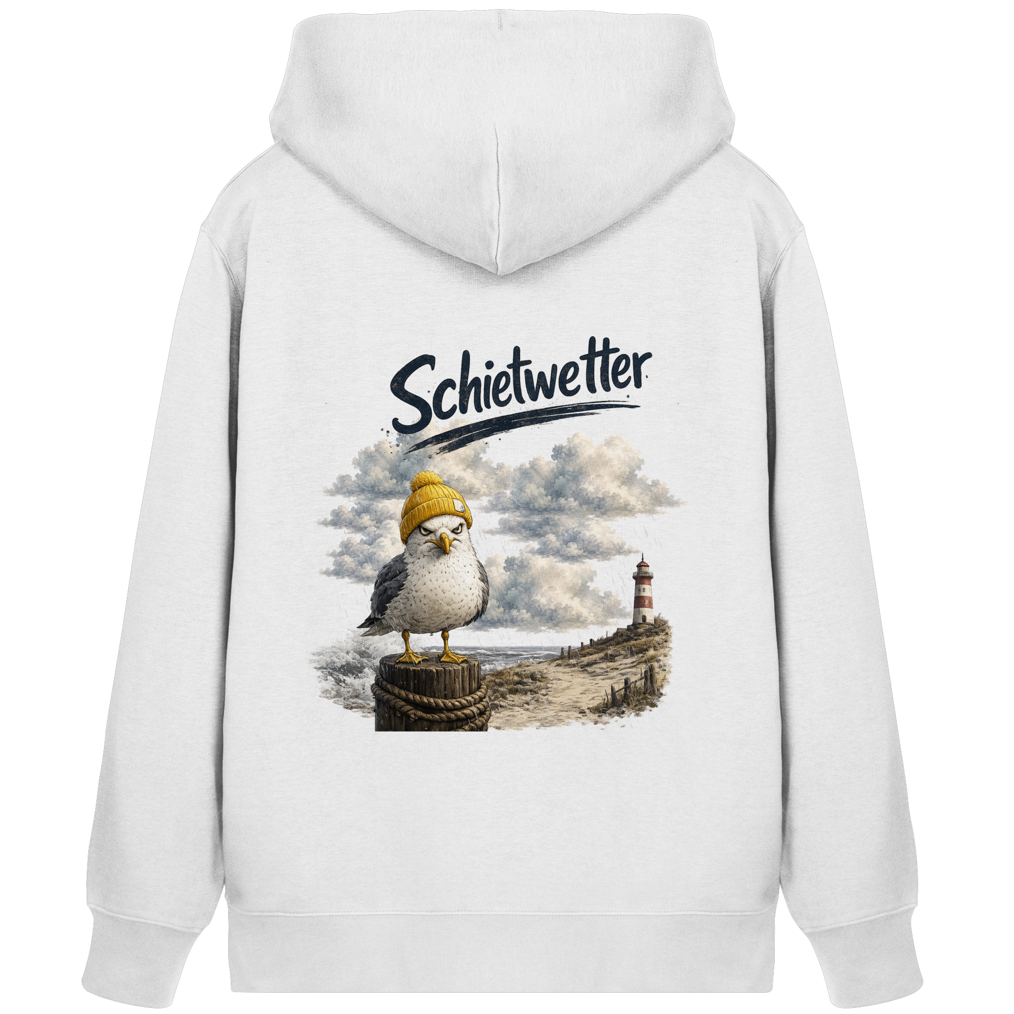 Möwe - Schietwetter - Ostsee - Leuchtturm - Maritimes Küsten Motiv - Für Ostsee und Nordsee - Fans - Bio Kapuzenjacke