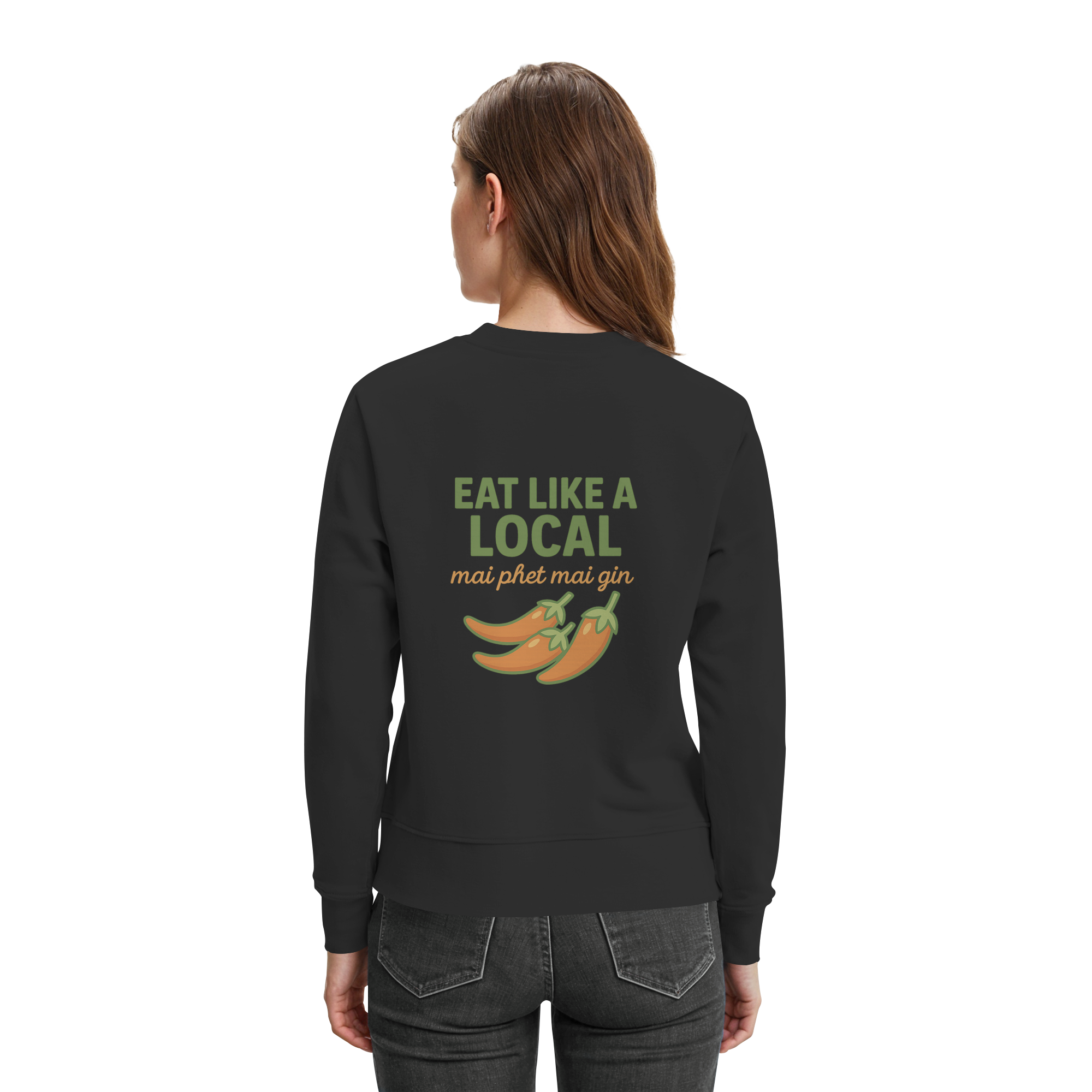 Eat Like a Local – Thai Food Design | „mai phet mai gin“ Chili Design - Rückseite bedruckt - Premium Sweatshirt
