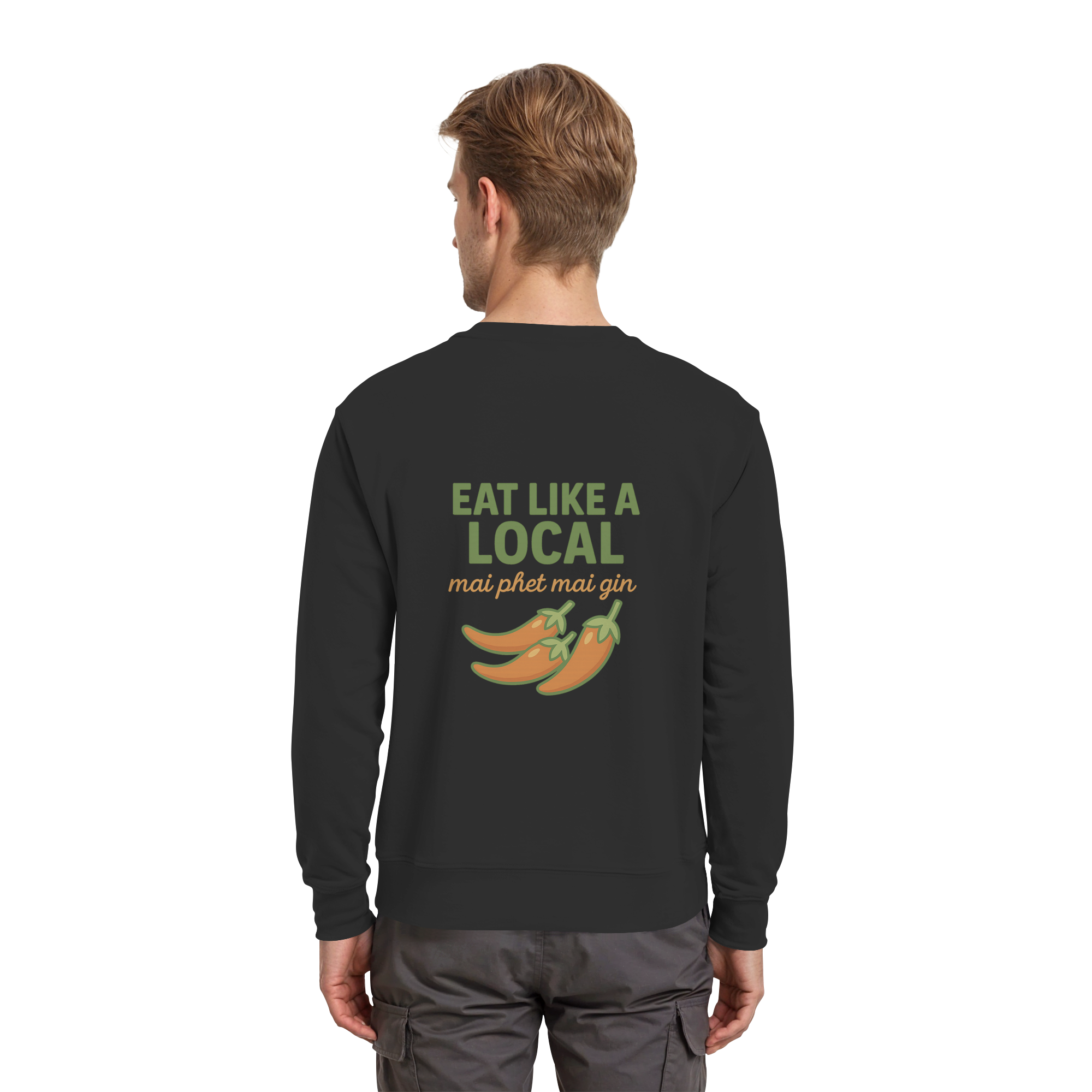 Eat Like a Local – Thai Food Design | „mai phet mai gin“ Chili Design - Rückseite bedruckt - Premium Sweatshirt