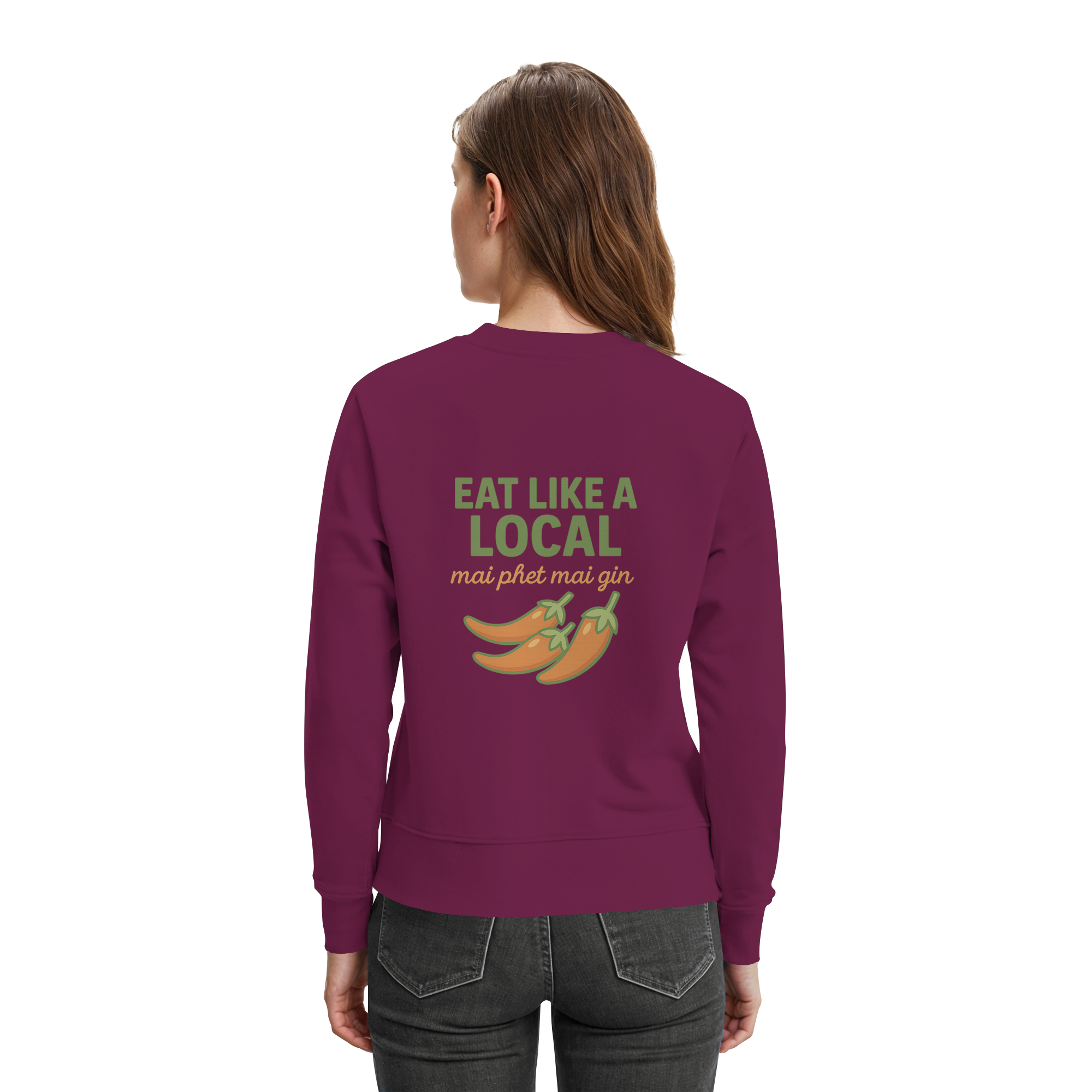 Eat Like a Local – Thai Food Design | „mai phet mai gin“ Chili Design - Rückseite bedruckt - Premium Sweatshirt