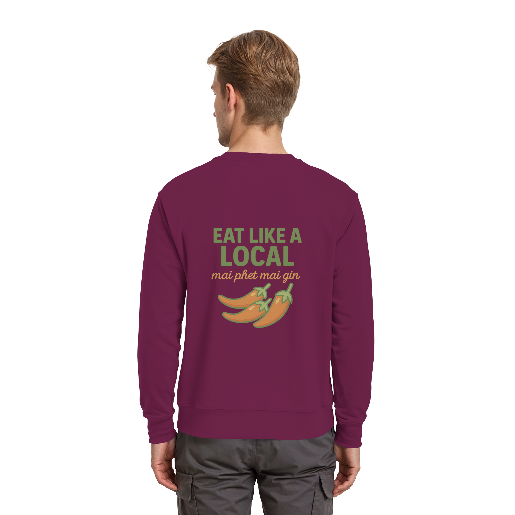 Eat Like a Local – Thai Food Design | „mai phet mai gin“ Chili Design - Rückseite bedruckt - Premium Sweatshirt