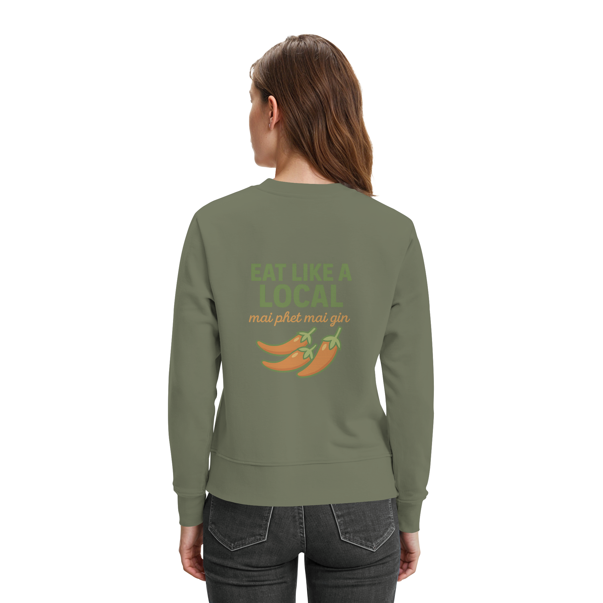 Eat Like a Local – Thai Food Design | „mai phet mai gin“ Chili Design - Rückseite bedruckt - Premium Sweatshirt