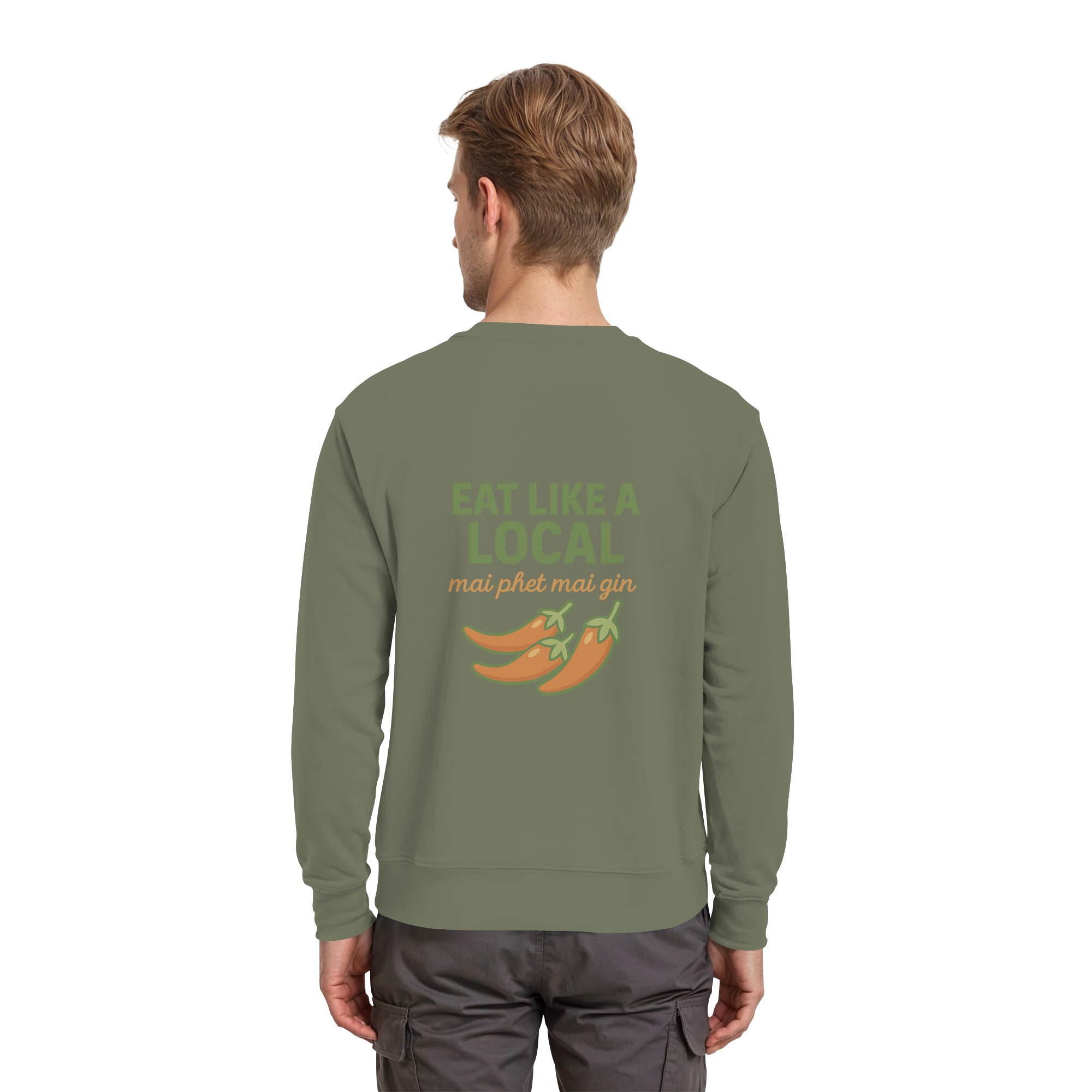 Eat Like a Local – Thai Food Design | „mai phet mai gin“ Chili Design - Rückseite bedruckt - Premium Sweatshirt