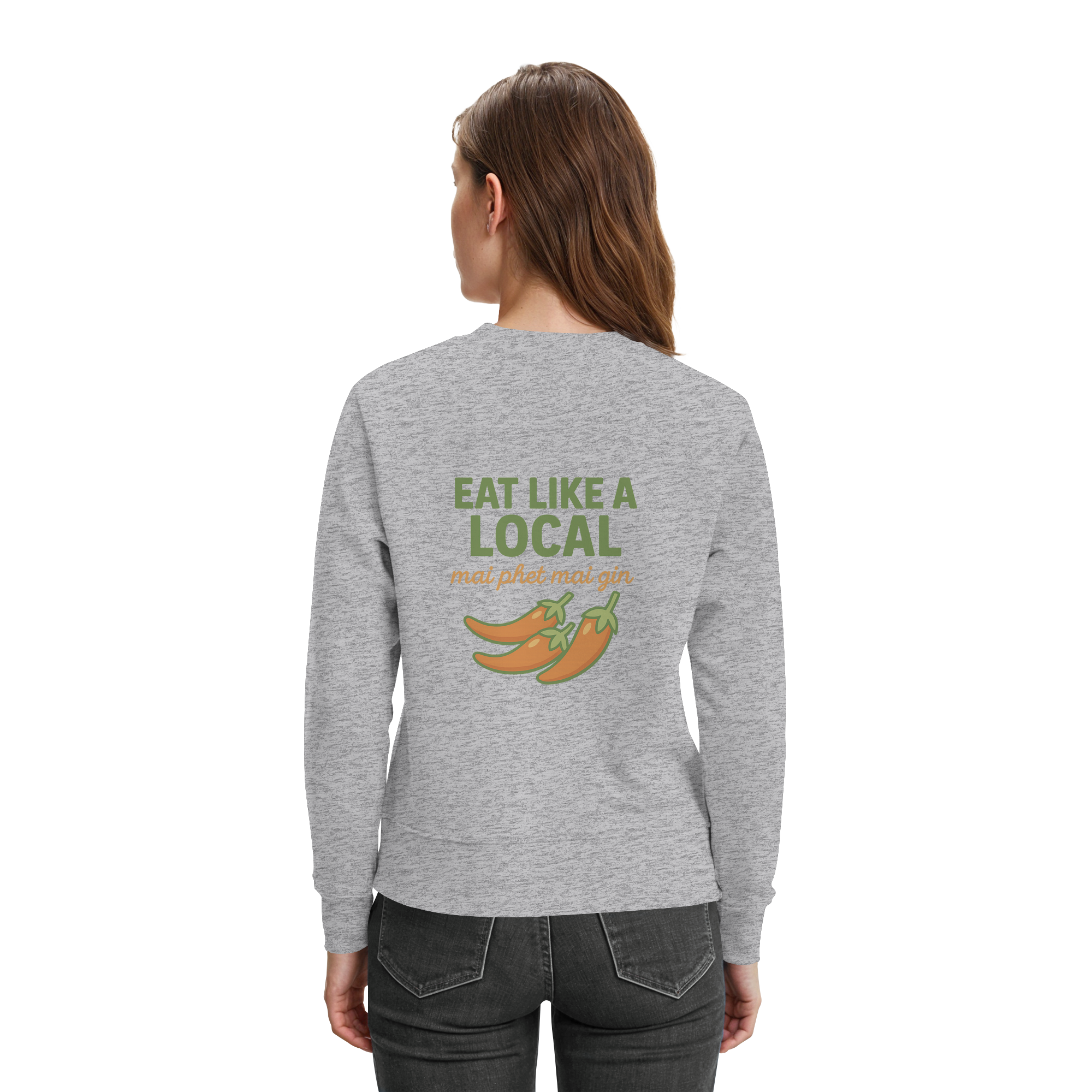 Eat Like a Local – Thai Food Design | „mai phet mai gin“ Chili Design - Rückseite bedruckt - Premium Sweatshirt
