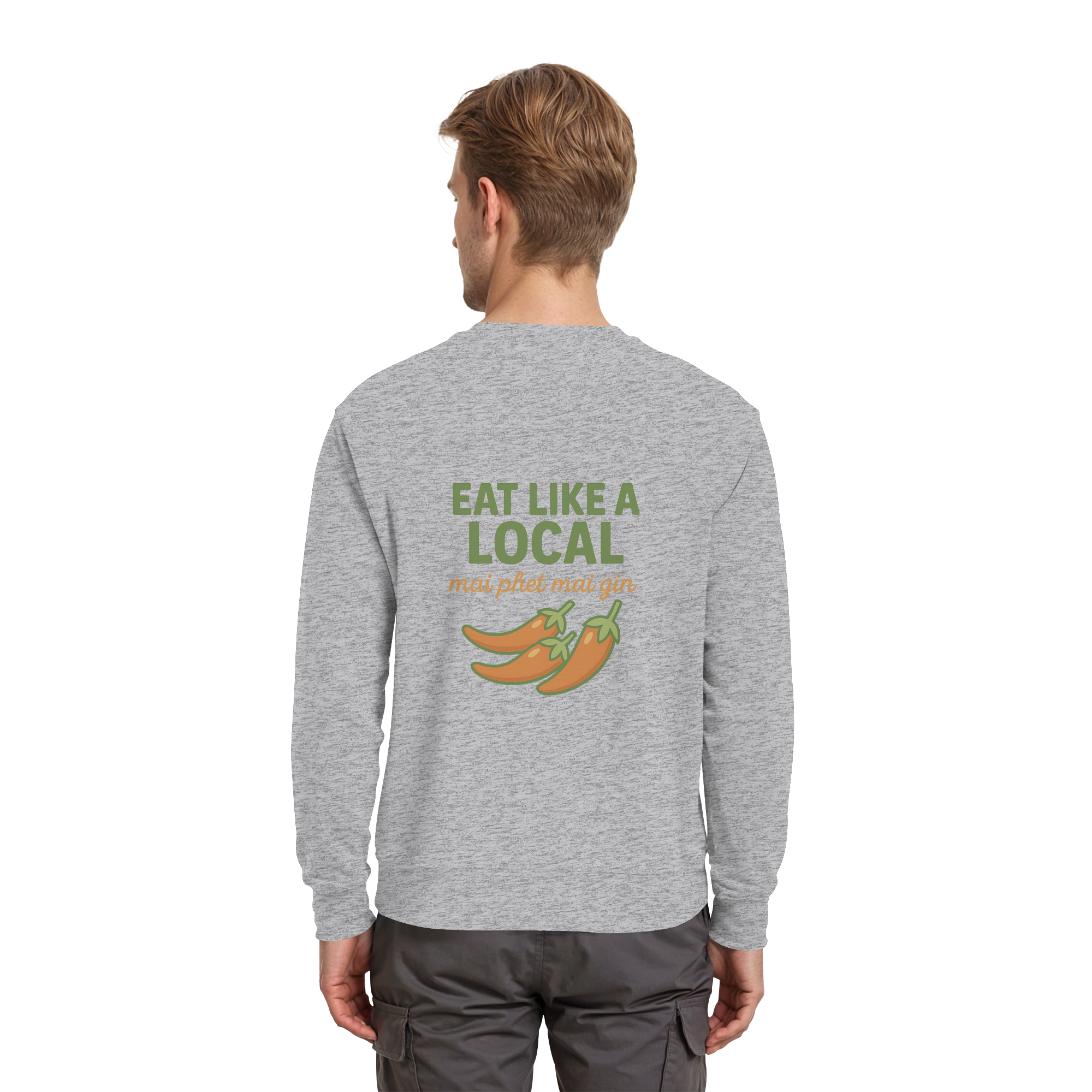 Eat Like a Local – Thai Food Design | „mai phet mai gin“ Chili Design - Rückseite bedruckt - Premium Sweatshirt