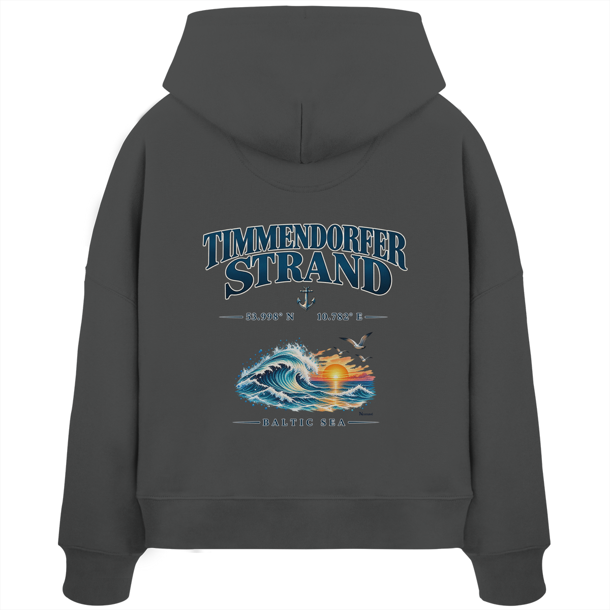 Original-Mockup 8: Damen Bio-Boxcut-Hoodie in Anthracite mit Timmendorfer Strand – Baltic Sea Backprint.