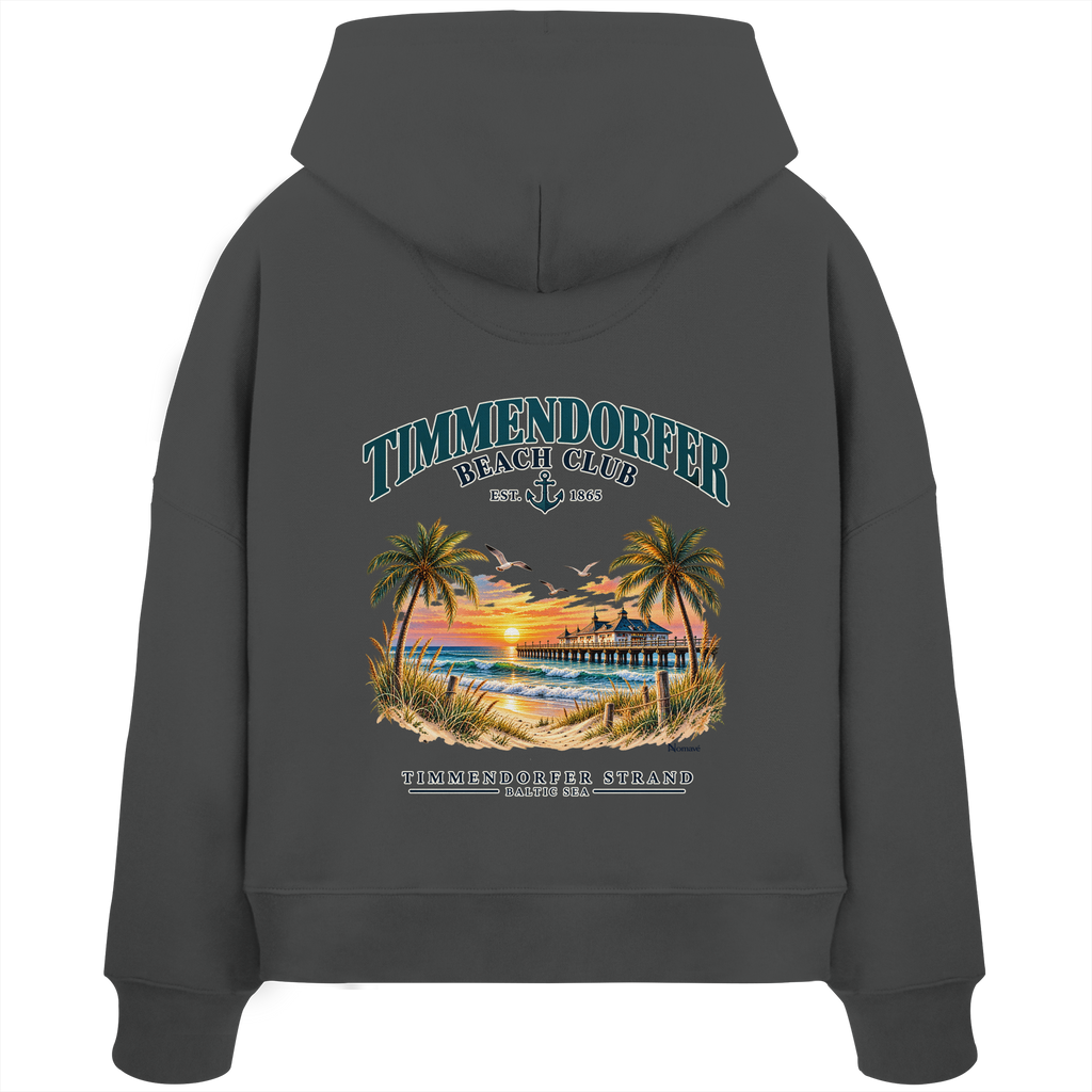 Original-/Katalogmockup: Damen Bio-Boxcut-Hoodie in Anthracite, Rückansicht mit Timmendorfer-Beach-Club-Rückendruck.
