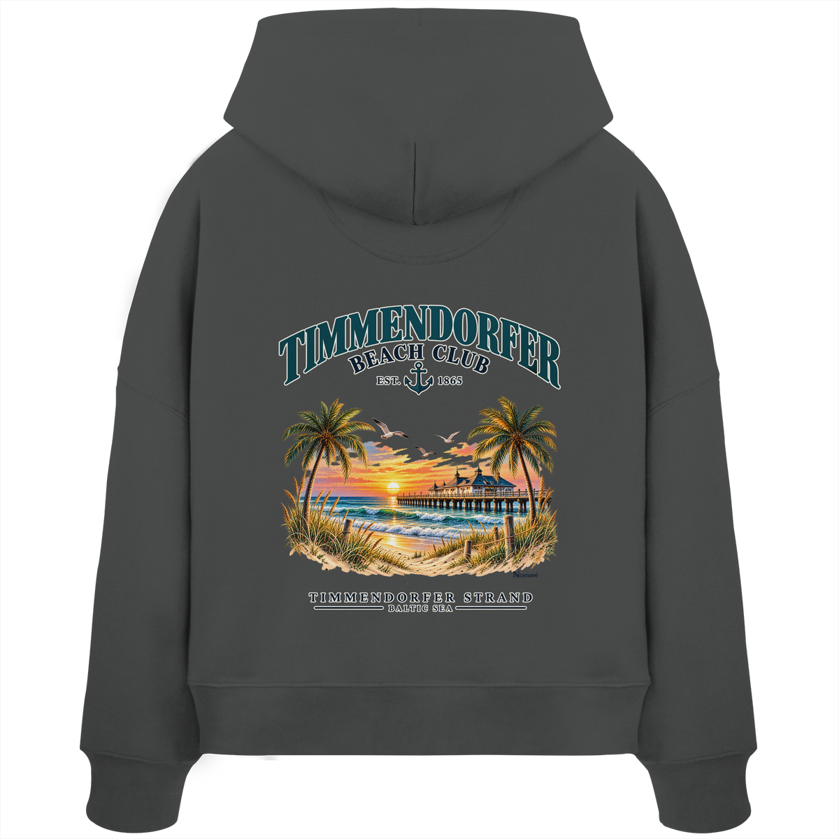 Original-/Katalogmockup: Damen Bio-Boxcut-Hoodie in Anthracite, Rückansicht mit Timmendorfer-Beach-Club-Rückendruck.