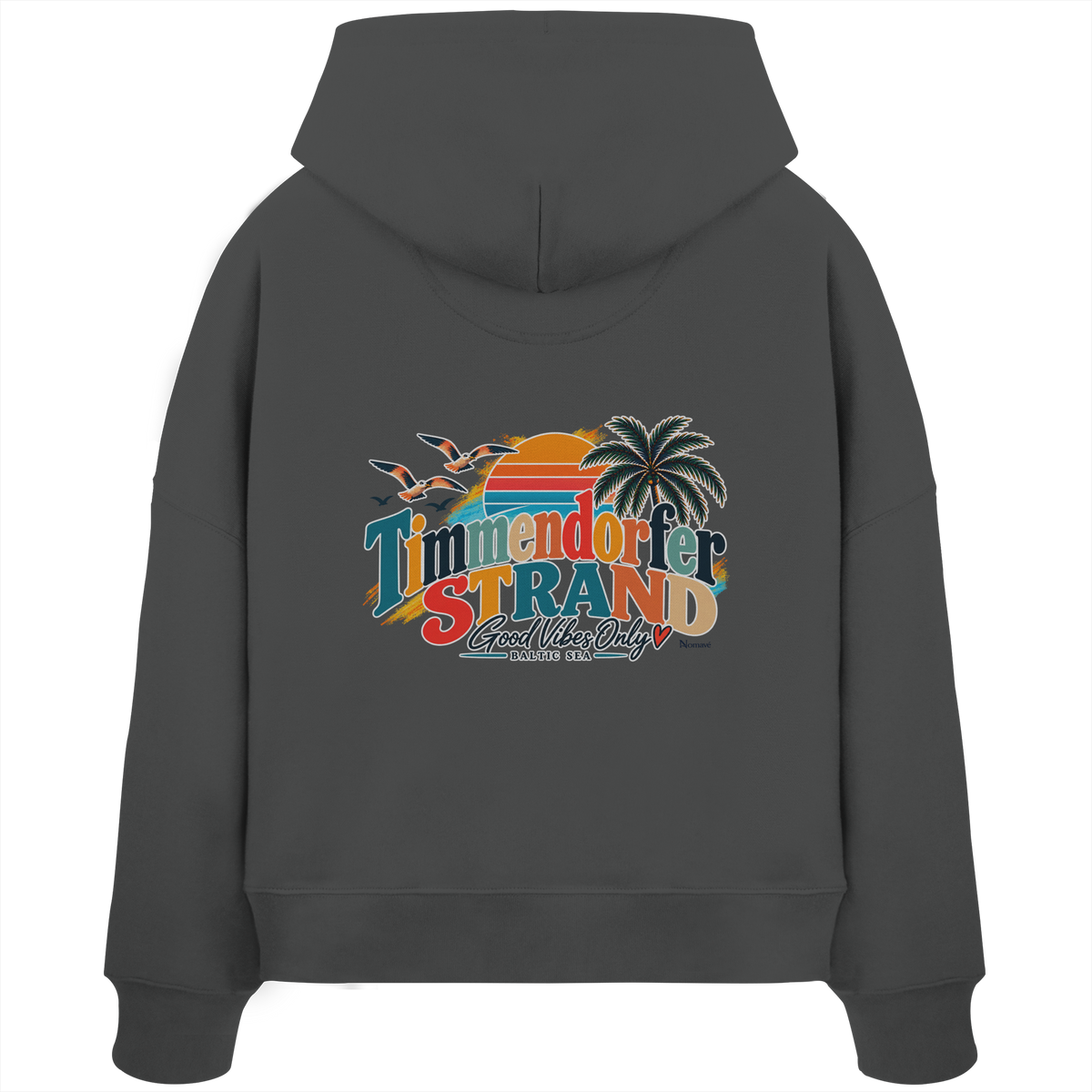 Timmendorfer Strand – Good Vibes Only – Damen Boxcut-Hoodie mit Rückenprint – Anthracite; originales Katalogmockup der Rückansicht mit Rückenprint.