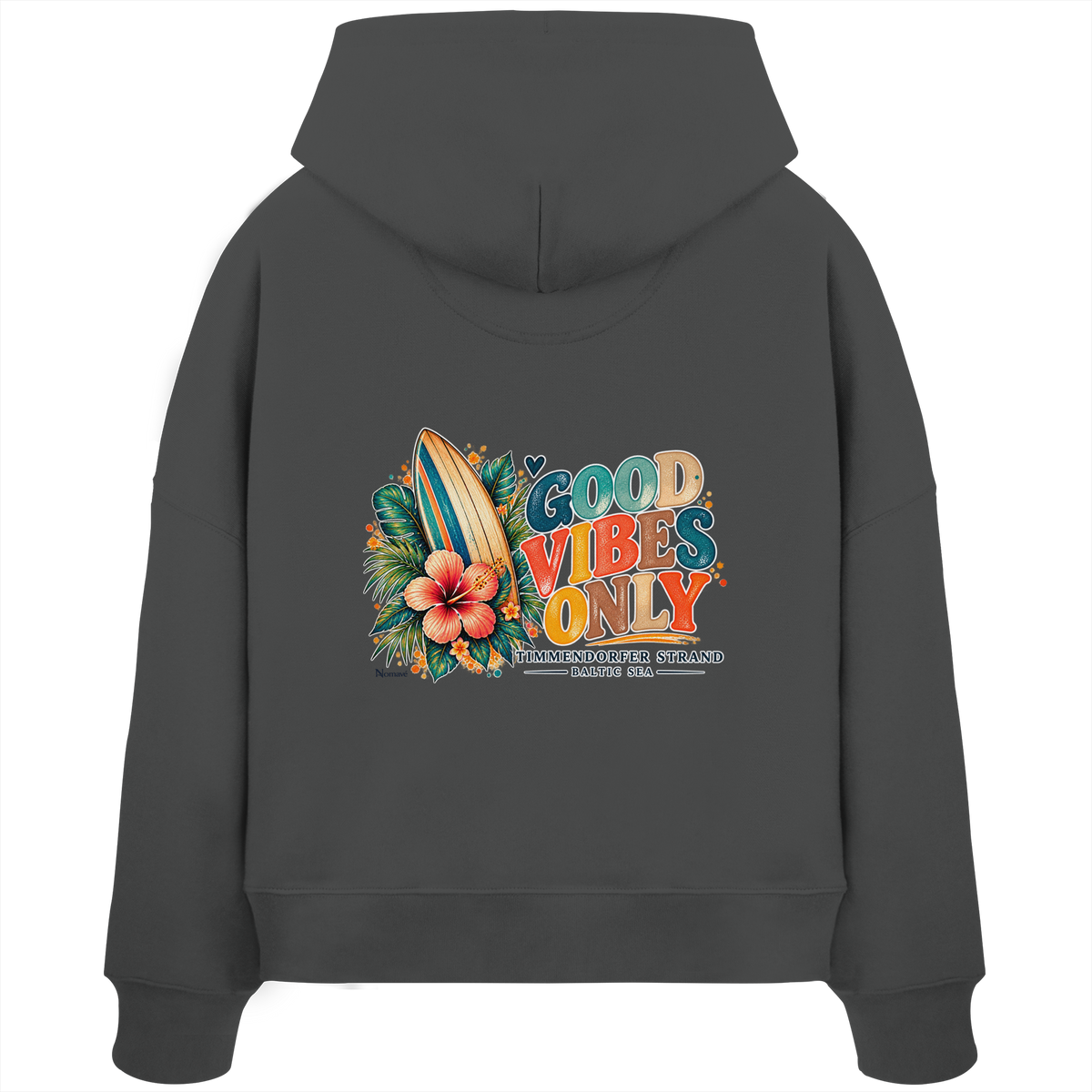 Rückansicht des Damen-Boxcut-Hoodies in Anthracite mit Timmendorfer-Surf-Vibes-Motiv aus Surfboard, Hibiskusblüten und „Good Vibes Only“.