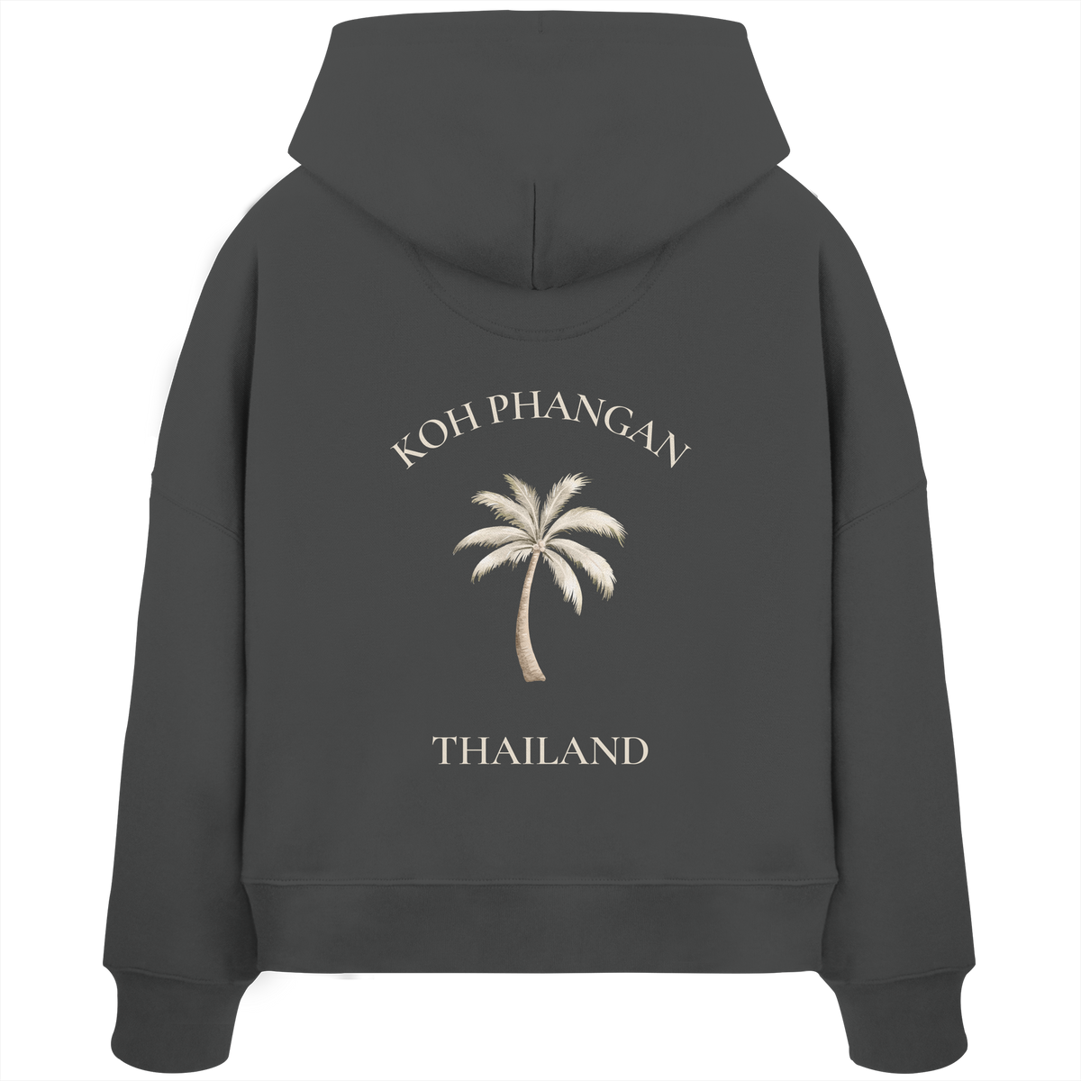 Damen Bio Boxcut Hoodie in anthracite mit Koh Phangan Mini Palm Motiv als Backprint – Original-Mockup