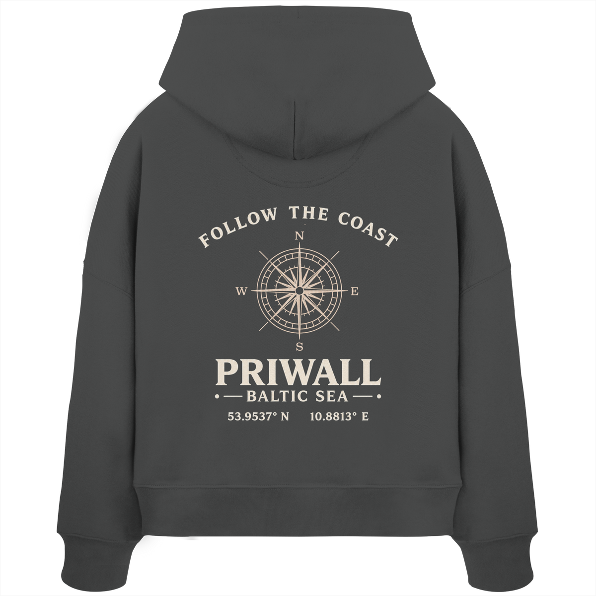Rückansicht des Damen Bio Boxcut Hoodie in Anthracite mit dunklem Priwall Follow the Coast Backprint