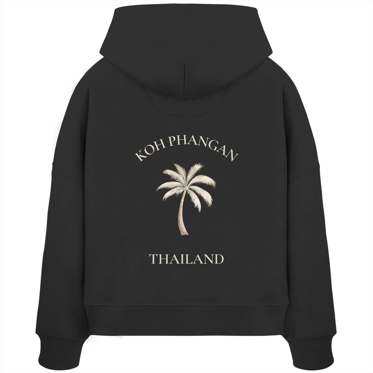 Damen Bio Boxcut Hoodie in black mit Koh Phangan Mini Palm Motiv als Backprint – Original-Mockup