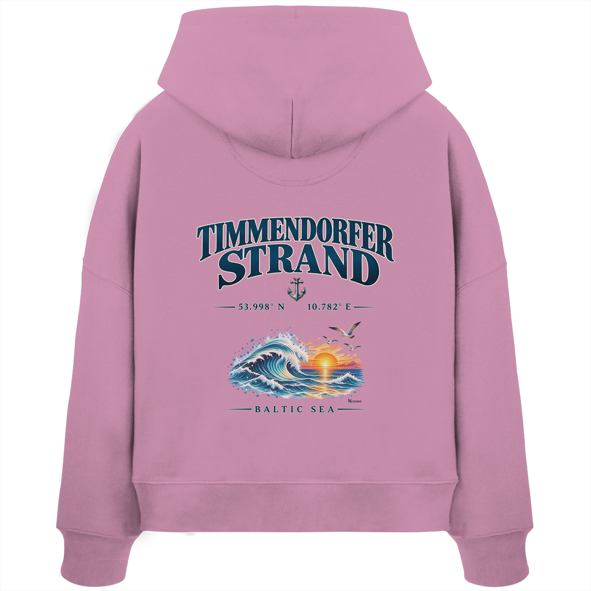 Original-Mockup 2: Damen Bio-Boxcut-Hoodie in Bubble Pink mit Timmendorfer Strand – Baltic Sea Backprint.