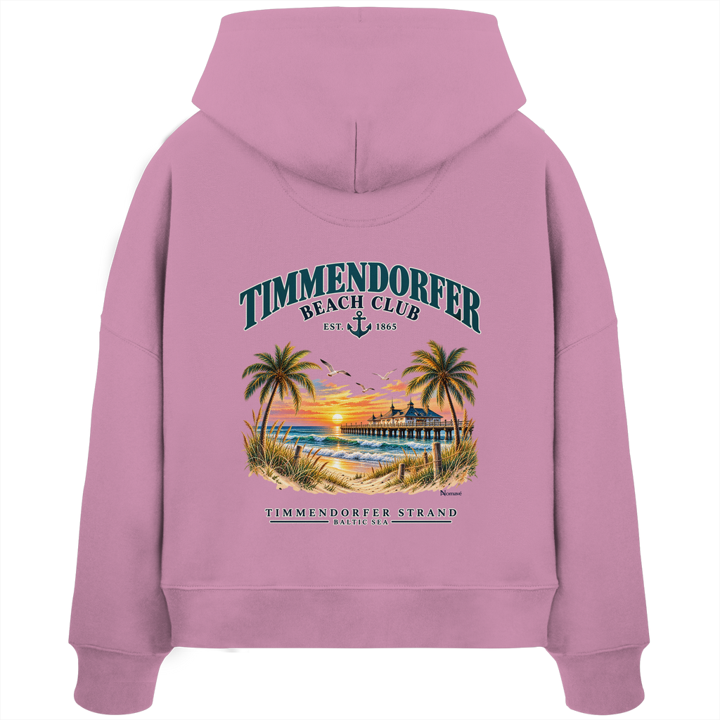 Original-/Katalogmockup: Damen Bio-Boxcut-Hoodie in Bubble Pink, Rückansicht mit Timmendorfer-Beach-Club-Rückendruck.