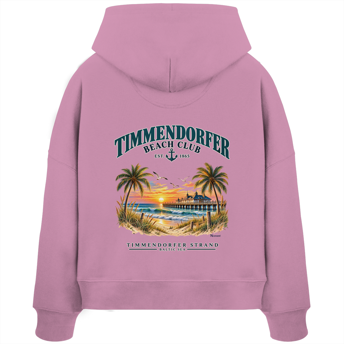 Original-/Katalogmockup: Damen Bio-Boxcut-Hoodie in Bubble Pink, Rückansicht mit Timmendorfer-Beach-Club-Rückendruck.