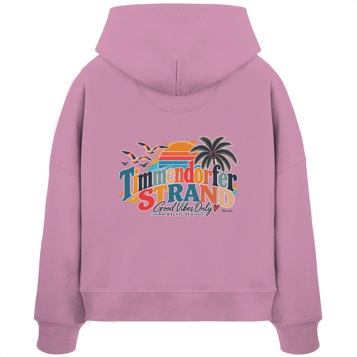 Timmendorfer Strand – Good Vibes Only – Damen Boxcut-Hoodie mit Rückenprint – Bubble Pink; originales Katalogmockup der Rückansicht mit Rückenprint.