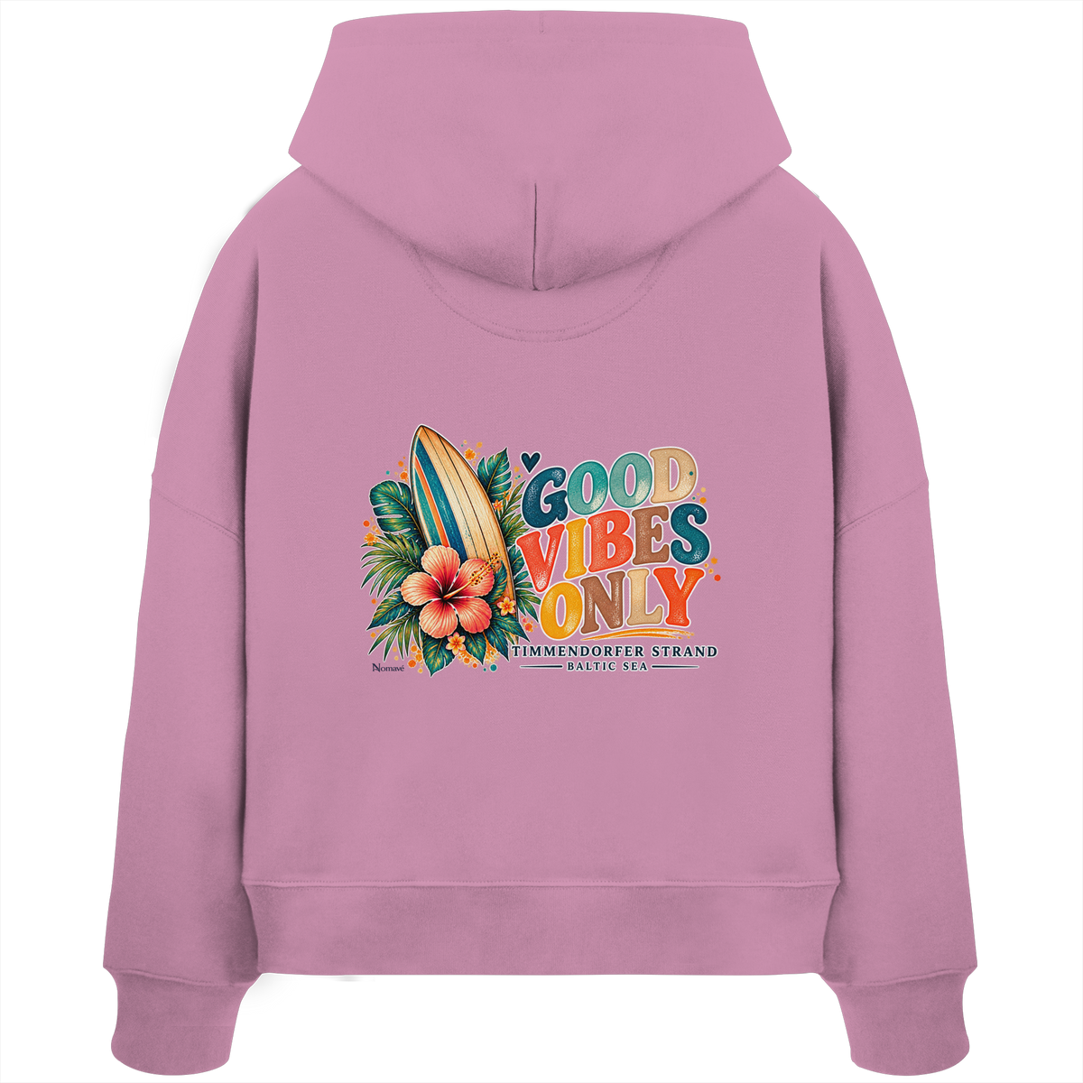 Rückansicht des Damen-Boxcut-Hoodies in Bubble Pink mit Timmendorfer-Surf-Vibes-Motiv aus Surfboard, Hibiskusblüten und „Good Vibes Only“.