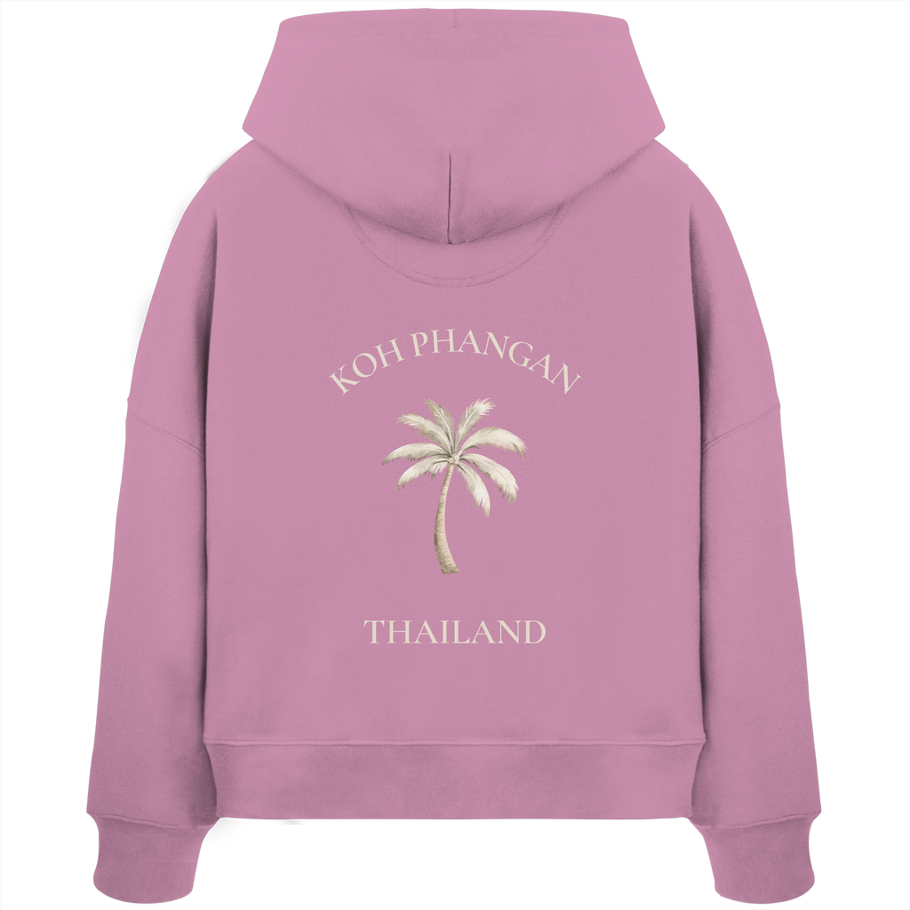 Damen Bio Boxcut Hoodie in verfügbarer Farbe mit Koh Phangan Mini Palm Motiv als Backprint – Original-Mockup