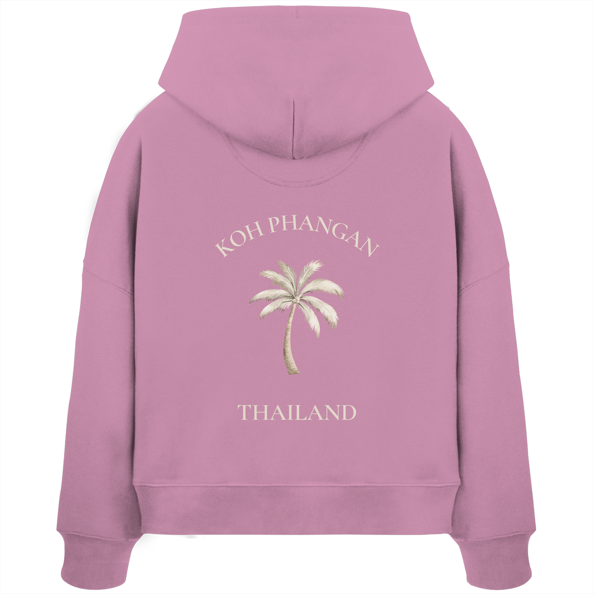 Damen Bio Boxcut Hoodie in verfügbarer Farbe mit Koh Phangan Mini Palm Motiv als Backprint – Original-Mockup