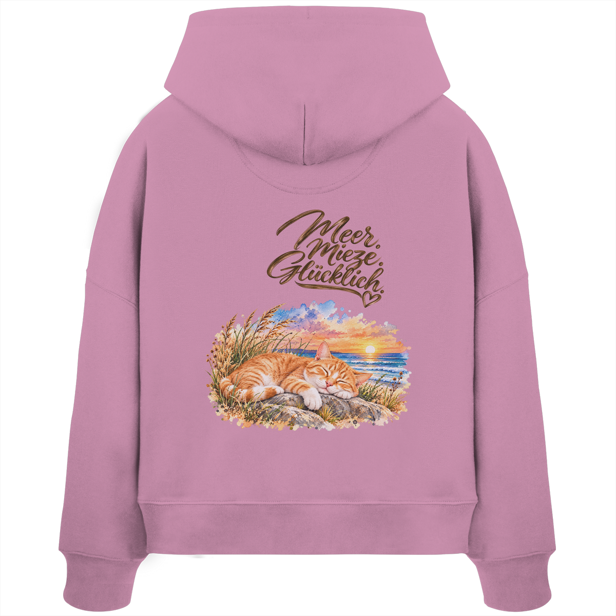 Damen Bio-Boxcut-Hoodie in Bubble Pink mit „Meer. Mieze. Glücklich.“ als Backprint – Rückansicht im Original-Mockup.